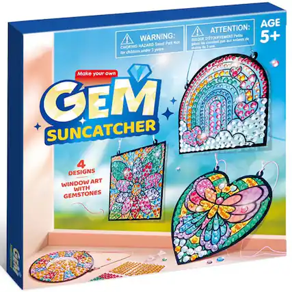 AGE 5+
ATTENTION: WARNING: D'TOUFFEMENT Petite Small Part Not RISQUE D'ÉTOUFFEMENT Petite place Ne convient pas aux enfants de moins de 3 ans under 3 years.
Make your own GEM SUNCATCHER
4 DESIGNS WINDOW ART WITH GEMSTONES
