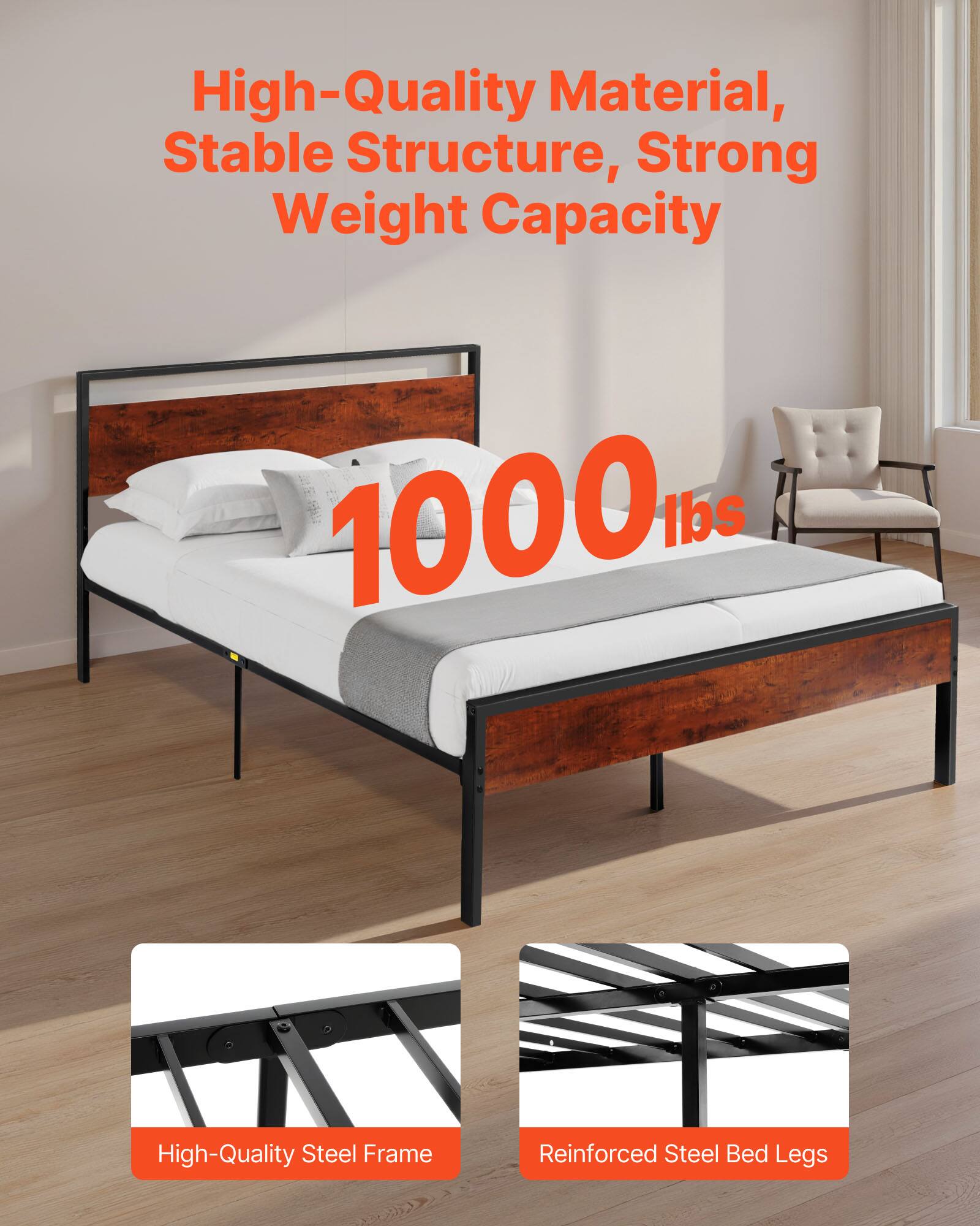 High-Quality Material, Stable Structure, Strong Weight Capacity

1000 lbs

High-Quality Steel Frame

Reinforced Steel Bed Legs