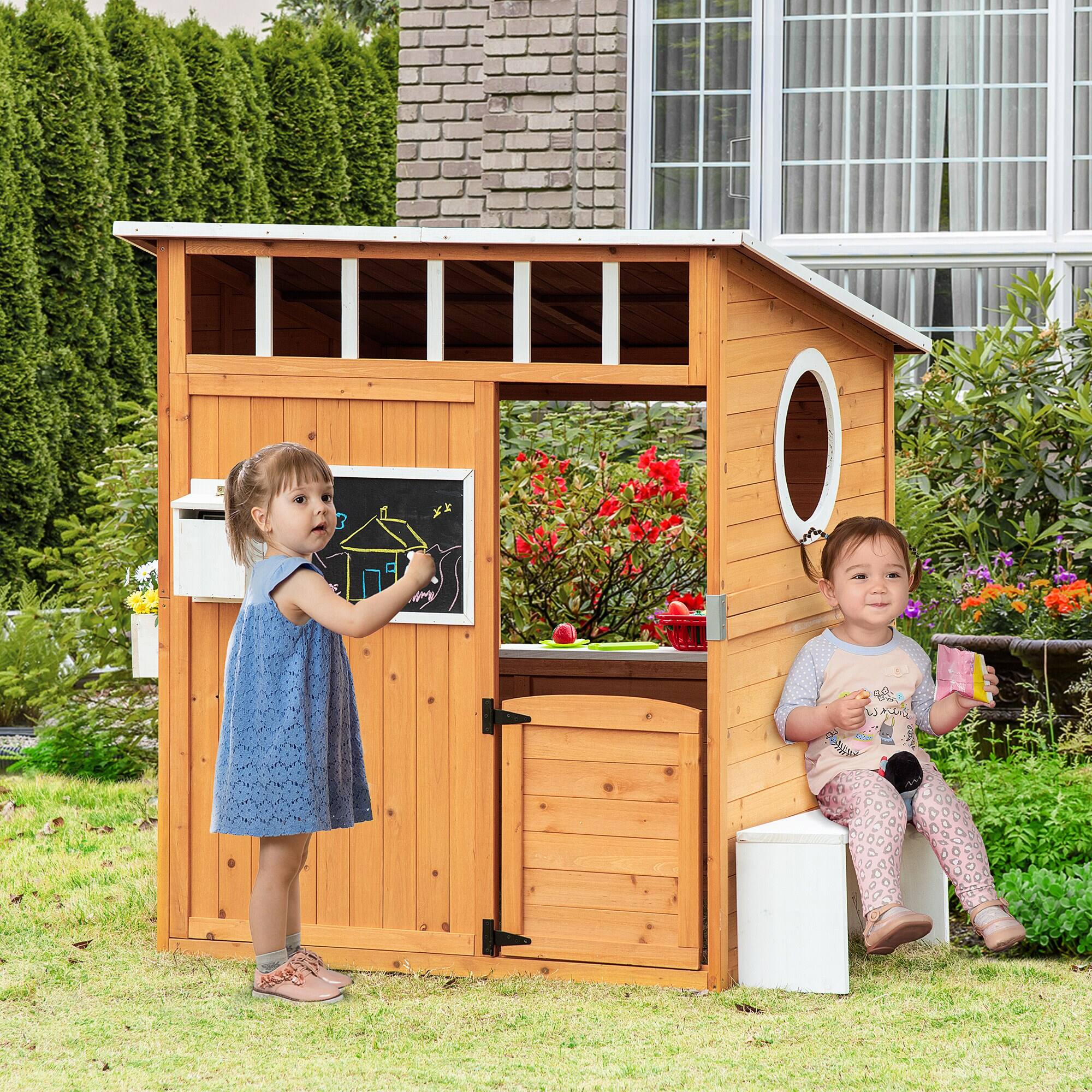 Angle. Outsunny - Wooden Playhouse for Kids Outdoor, Working Door, Windows, Mailbox, Bench, Flowers Pot Holder, 48" x 42.5" x 53".