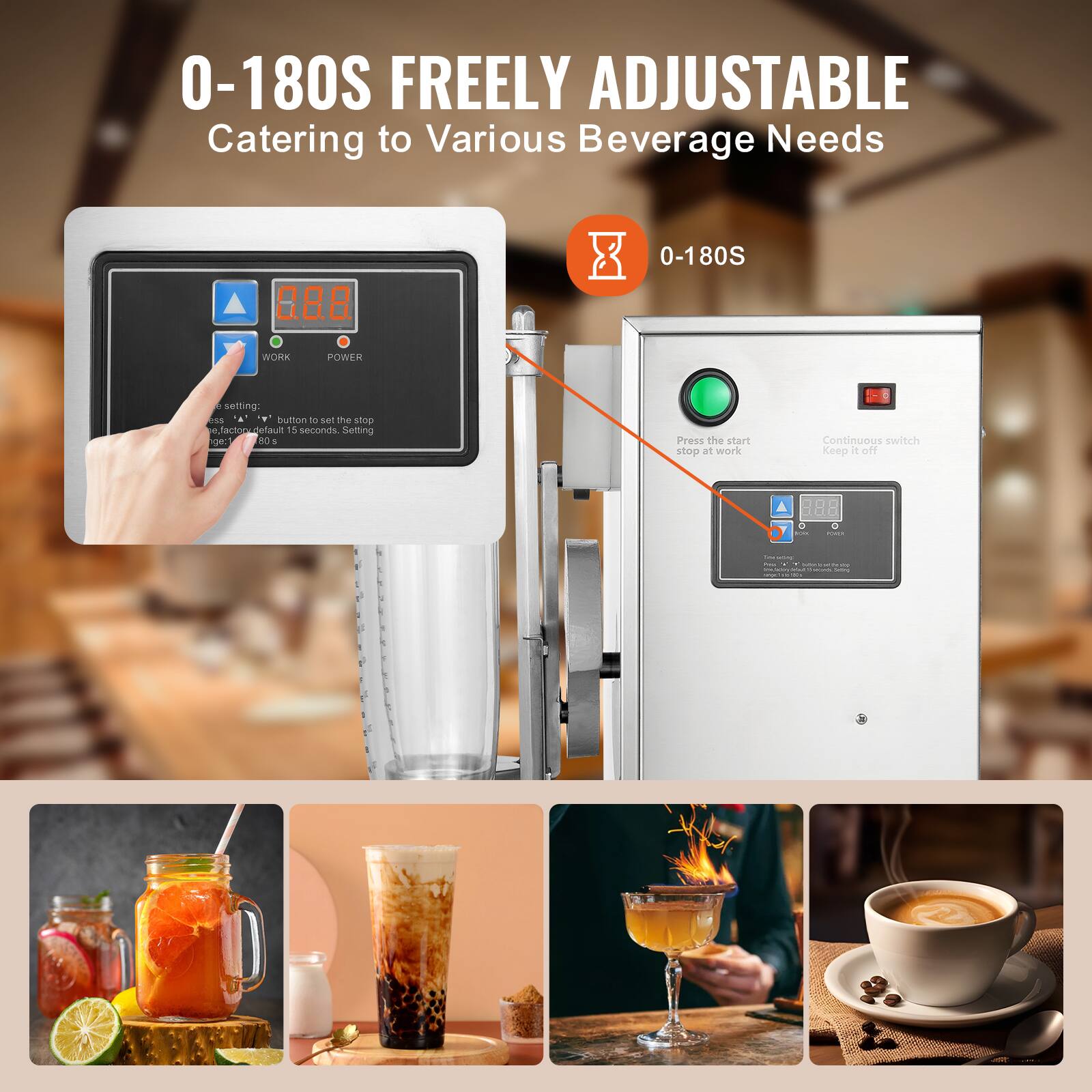 0-180S FREELY ADJUSTABLE  
Catering to Various Beverage Needs  

0-180S  

Press the start stop at work  
Continuous switch  
Keep it off  

Work  
Power  

Press the button to set the stop time.  
Default: 15 seconds. Setting