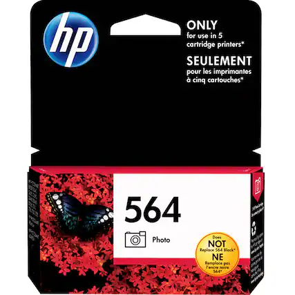 hp ONLY for use in 5 cartridge printers*
SEULEMENT pour les imprimantes à cinq cartouches*
564 Photo
Does NOT Replace 564 Black*
NE Remplace pas l'encre noire 564*
