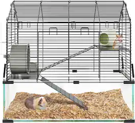 Acekool - 3-Tier Large Hamster Cage, 360° Viewing Transparent Guinea Pig Cage with Water Bottle, Hut, Wheel, Food Dish, Black