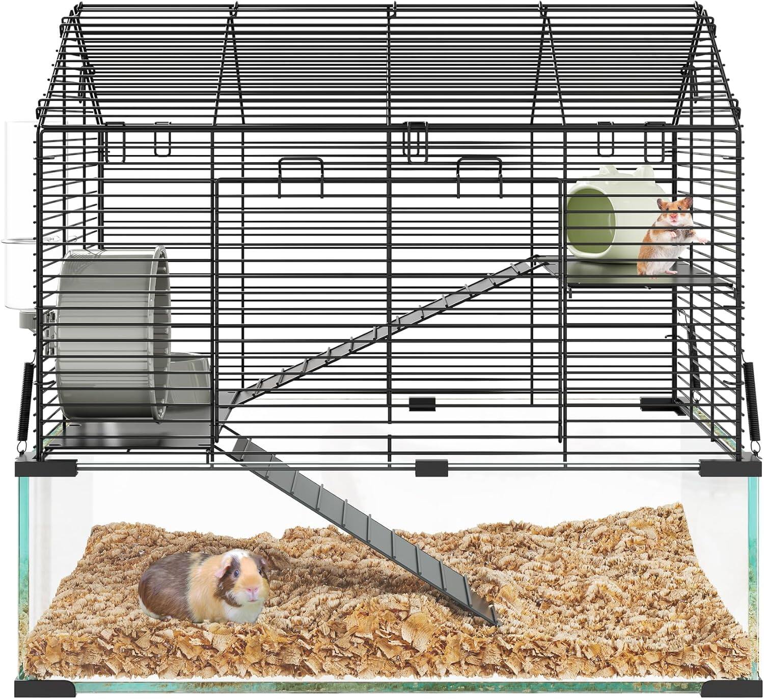 Front. Acekool - 3-Tier Large Hamster Cage, 360° Viewing Transparent Guinea Pig Cage with Water Bottle, Hut, Wheel, Food Dish, Black.