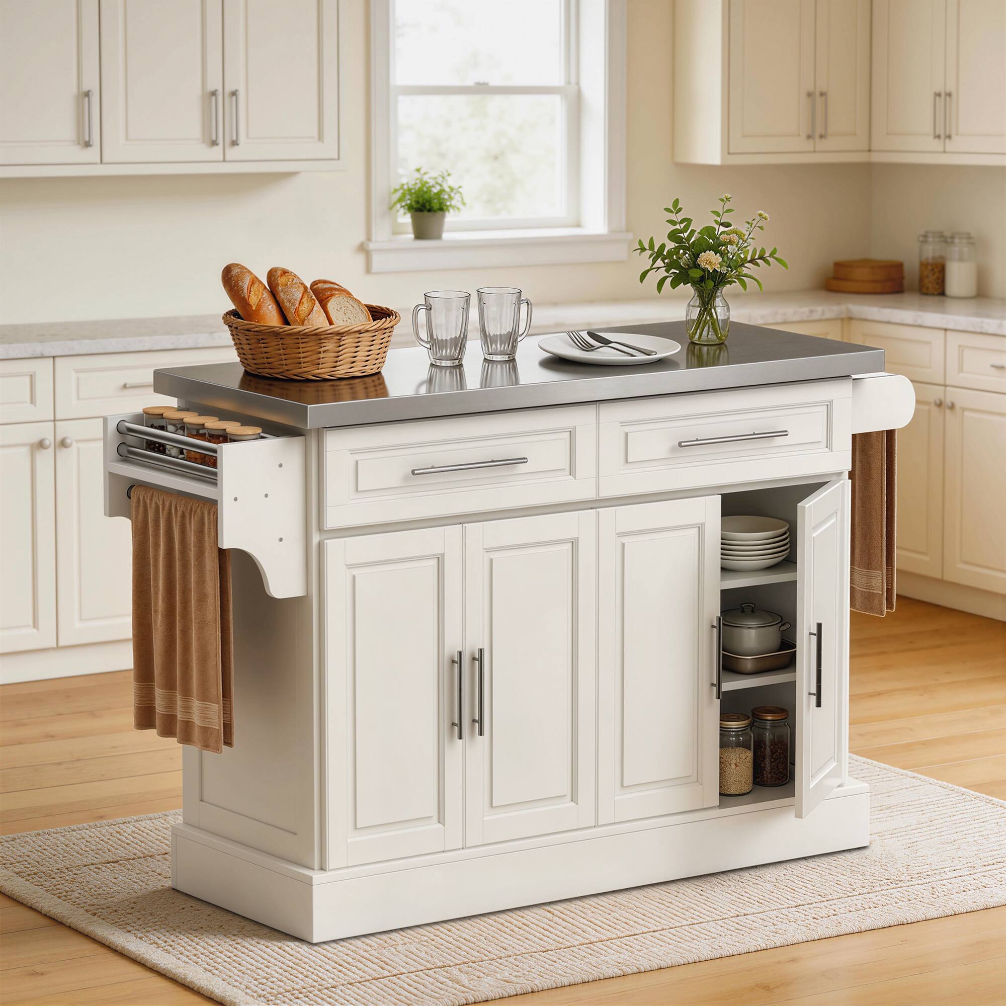 Alt View 1. Homcom - Kitchen Island with Stainless Steel Top, 2 Drawers, Spice, Knife and Towel Rack and Cabinets - Cream White.