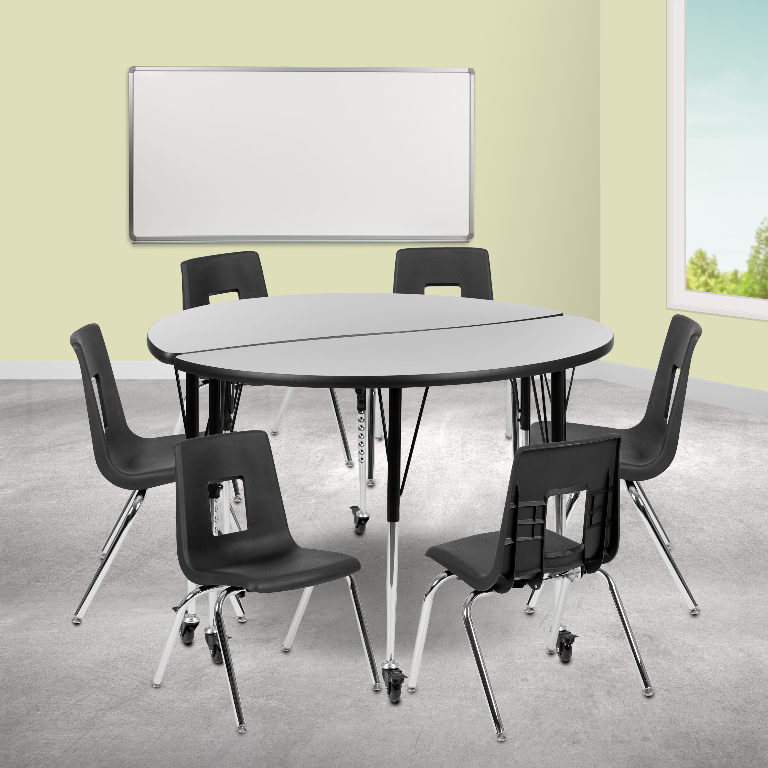 "Emma + Oliver - Mobile 47.5"" Circle Wave Collaborative Laminate Activity Table Set with 16"" Student Stack Chairs, Grey/Black - Gray" price history on PriceWatchPro