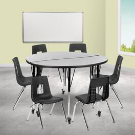 Emma + Oliver - Mobile 47.5" Circle Wave Collaborative Laminate Activity Table Set with 16" Student Stack Chairs, Grey/Black - Gray
