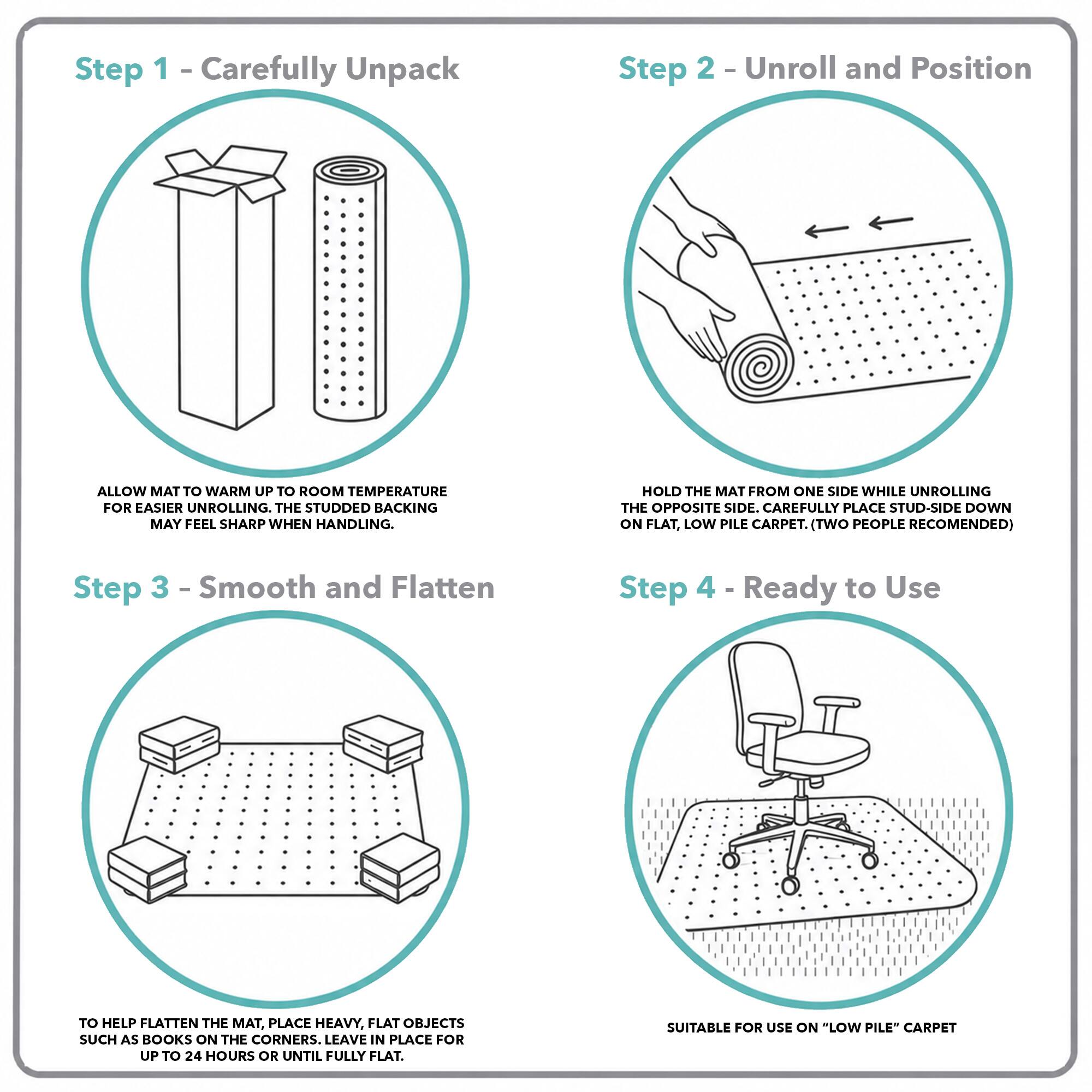 Step 1 - Carefully Unpack

Step 2 - Unroll and Position
ALLOW MAT TO WARM UP TO ROOM TEMPERATURE FOR EASIER UNROLLING. THE STUDDLED BACKING MAY FEEL SHARP WHEN HANDLING. HOLD THE MAT FROM ONE SIDE WHILE UNROLLING THE OPPOSITE SIDE. CAREFULLY PLACE STUD-SIDE DOWN ON FLAT, LOW PILE CARPET. (TWO PEOPLE RECOMMENDED)

Step 3 - Smooth and Flatten
TO HELP FLATTEN THE MAT, PLACE HEAVY, FLAT OBJECTS SUCH AS BOOKS ON THE CORNERS. LEAVE IN PLACE FOR UP TO 24 HOURS OR UNTIL FULLY FLAT.

Step 4 - Ready to Use
SUITABLE FOR USE ON "LOW PILE" CARPET