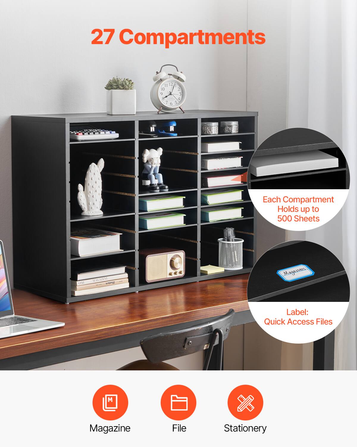 27 Compartments

Each Compartment Holds up to 500 Sheets

Label: Quick Access Files

Magazine
File
Stationery