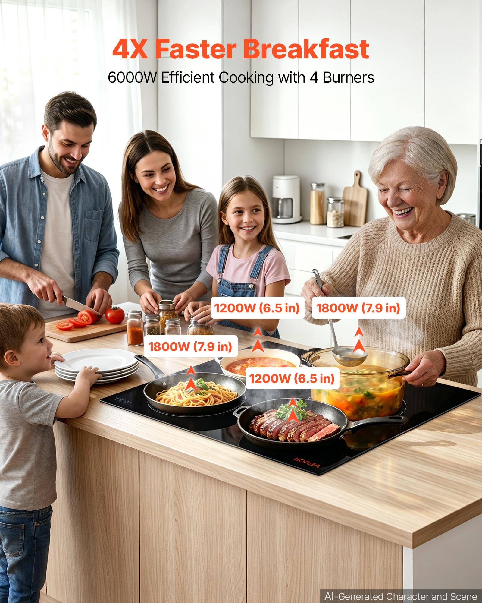 4X Faster Breakfast  
6000W Efficient Cooking with 4 Burners

1200W (6.5 in)  
1800W (7.9 in)  
1800W (7.9 in)  
1200W (6.5 in)  

VEVOR  

AI-Generated Character and Scene