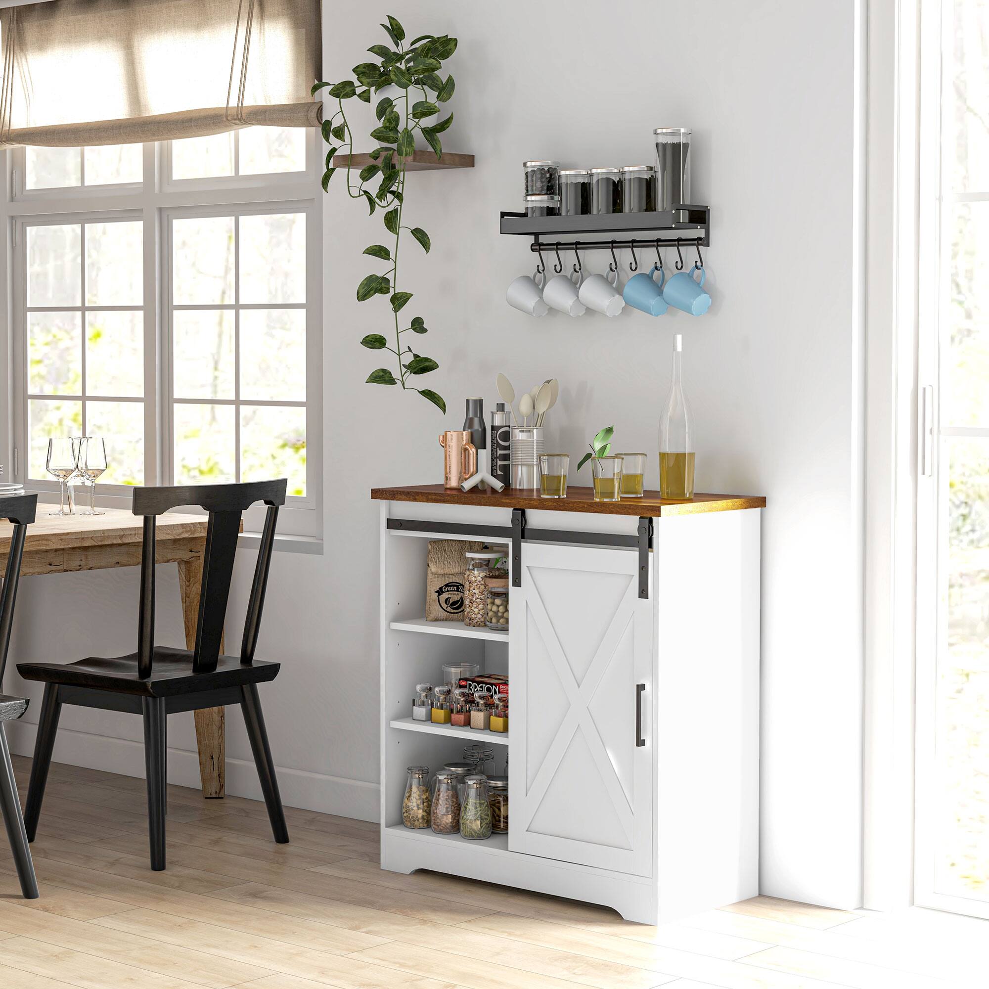 Alt View 6. Homcom - Kitchen Sideboard Buffet Cabinet Coffee Bar Cabinet with Sliding Barn Door and Adjustable Shelf - White.