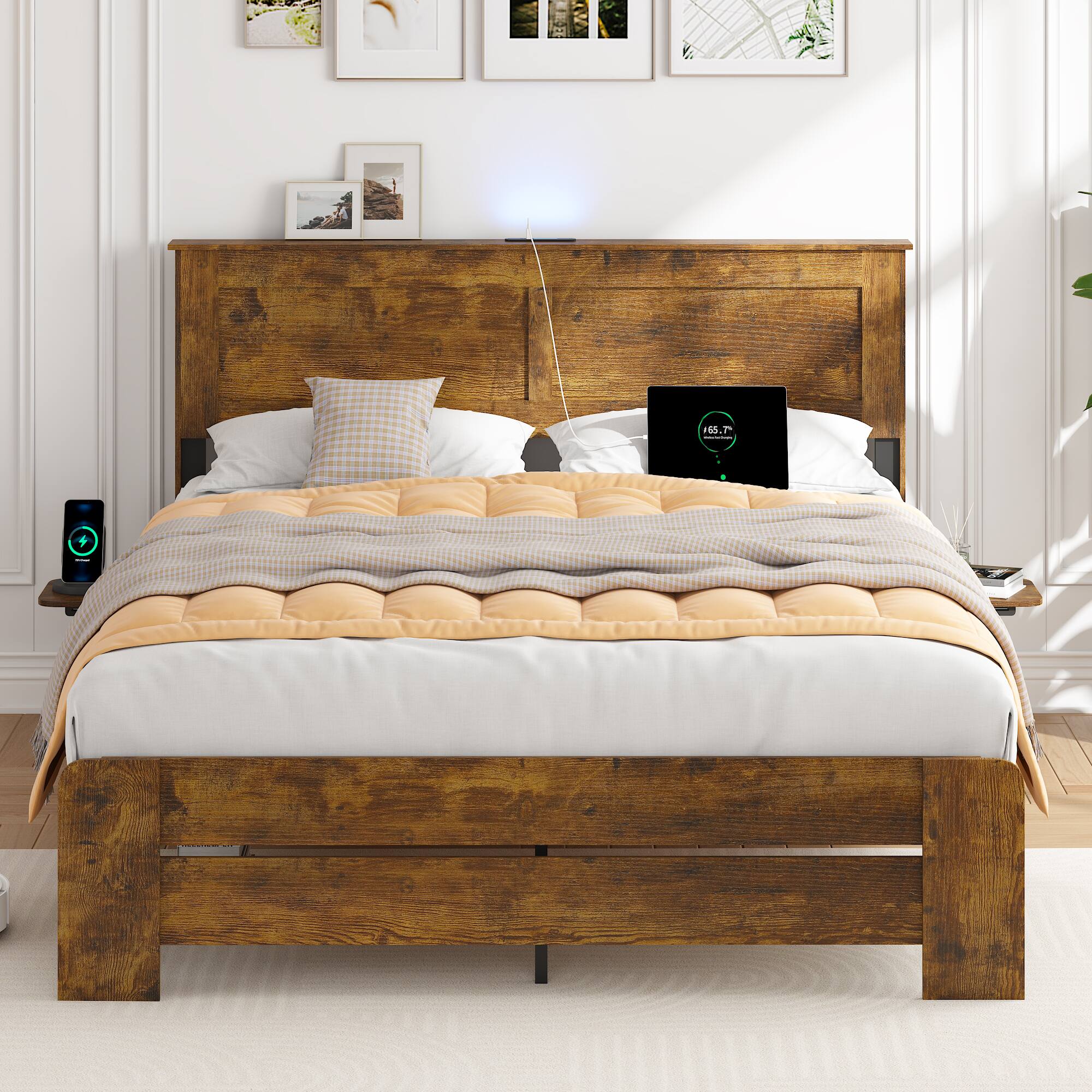 Front. LUCKY ONE - Farmhouse Queen Size Bed Frame with Headboard Storage Shelf,LED Lights & Charging Station - Antique Natural.