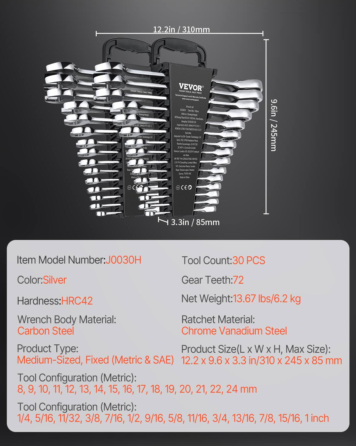 VEVOR Combination Wrench Set, 8-Piece Ratcheting Wrench Set