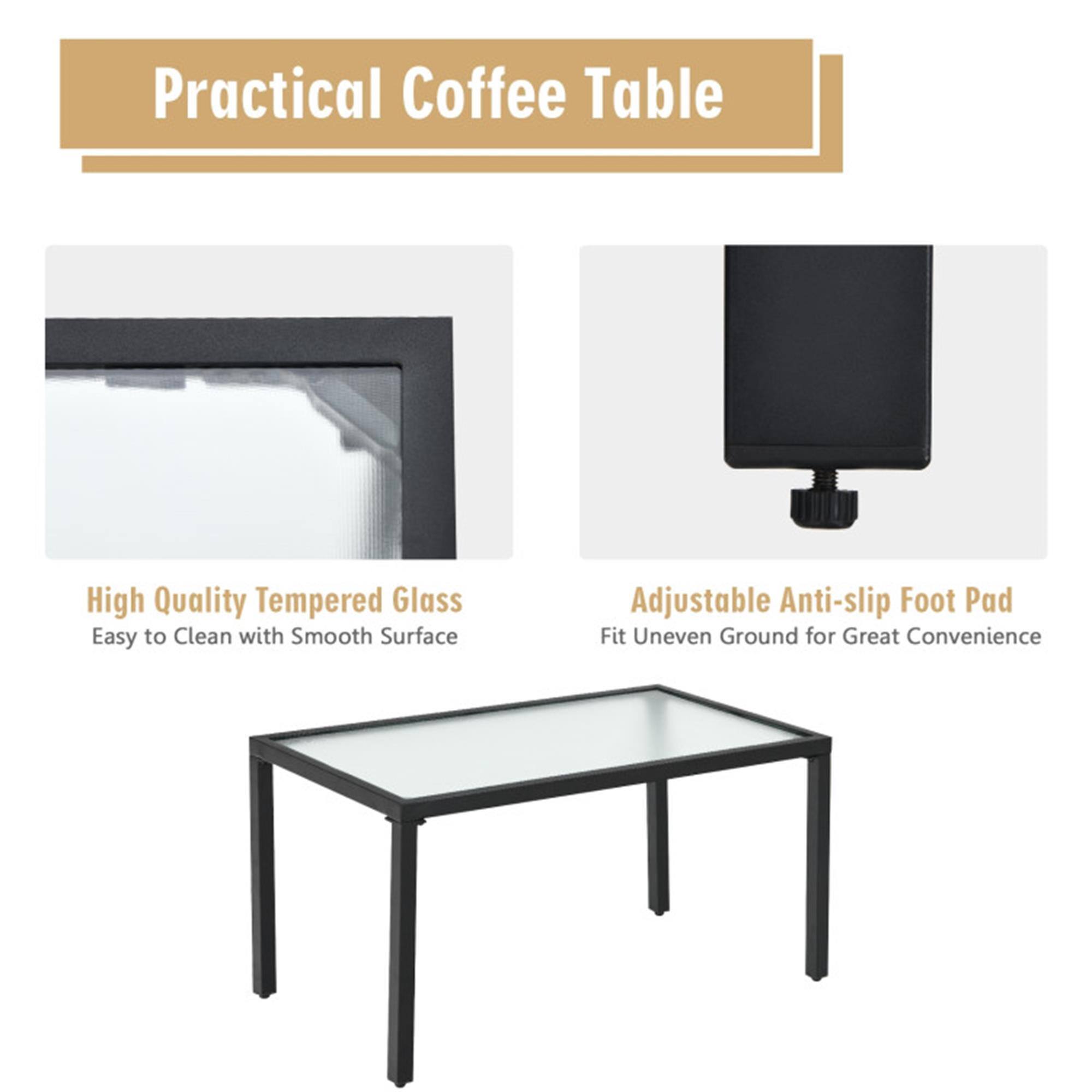 Practical Coffee Table

High Quality Tempered Glass  
Easy to Clean with Smooth Surface

Adjustable Anti-slip Foot Pad  
Fit Uneven Ground for Great Convenience