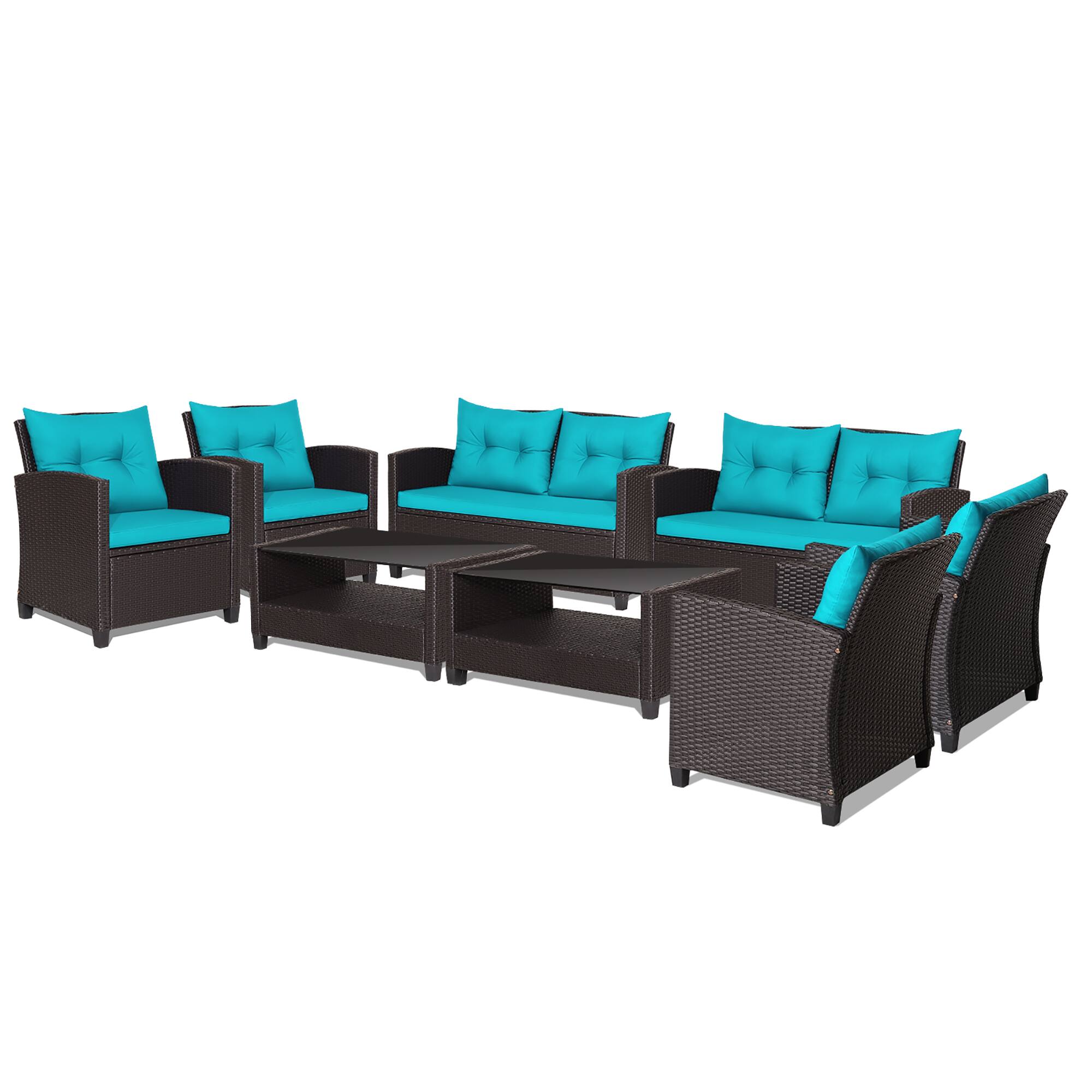 Alt View 9. Gymax - Gymax 4PCS Outdoor Conversation Set Patio PE Rattan Set w/ Glass Table & Sofa Cushions Turquoise - Turquoise.