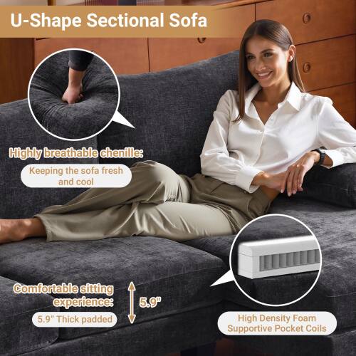 U-Shape Sectional Sofa

- Highly breathable chenille: Keeping the sofa fresh and cool
- Comfortable sitting experience: 5.9" Thick padded
- High Density Foam Supportive Pocket Coils