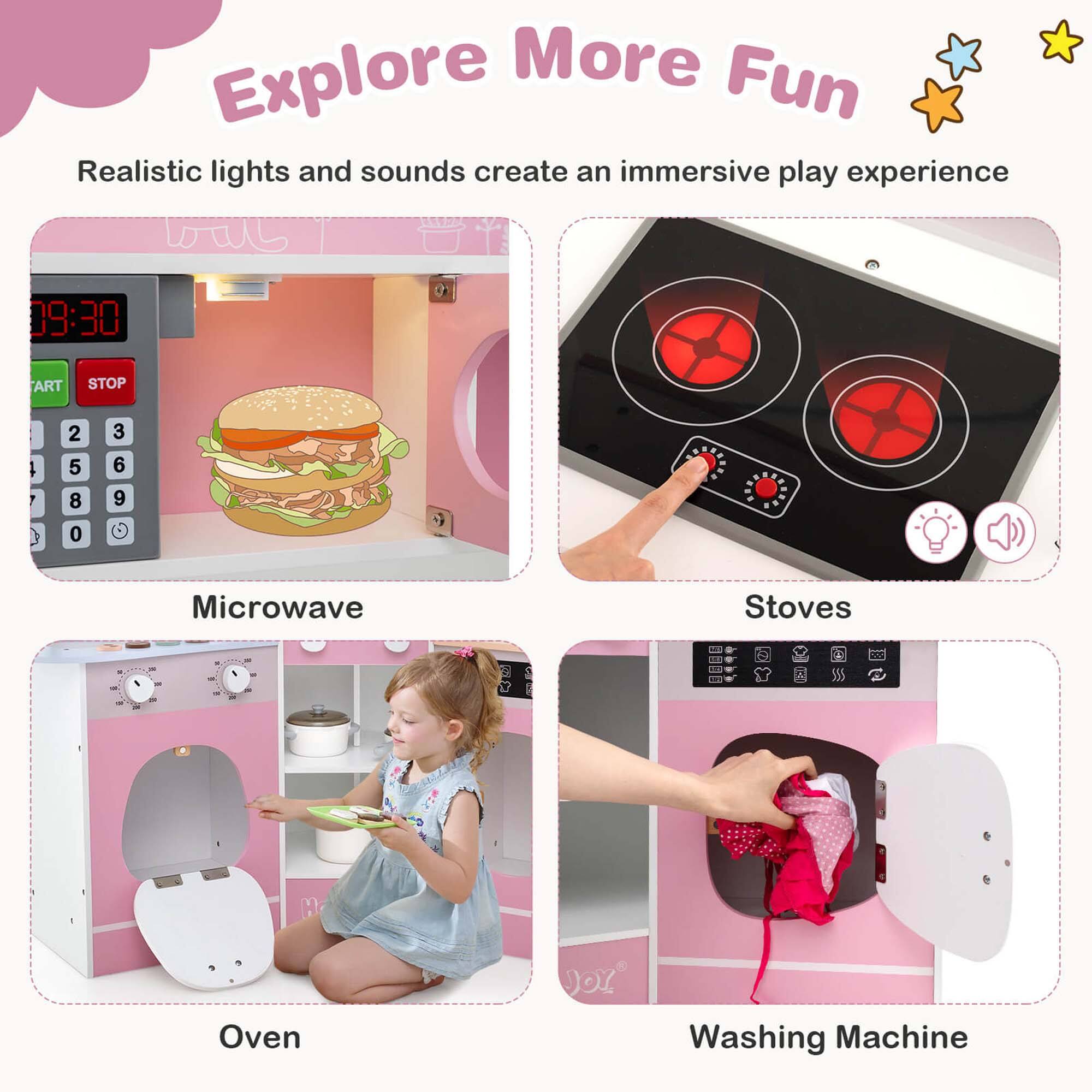 Explore More Fun, Realistic lights and sounds create an immersive play experience, Microwave, Stoves, Oven, Washing Machine.