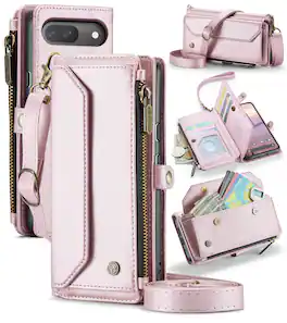 Dteck - Crossbody Wallet Case for Google Pixel 10 Pro with Card Slots and Zipper Pocket, RFID Blocking PU Leather Cover - Pink