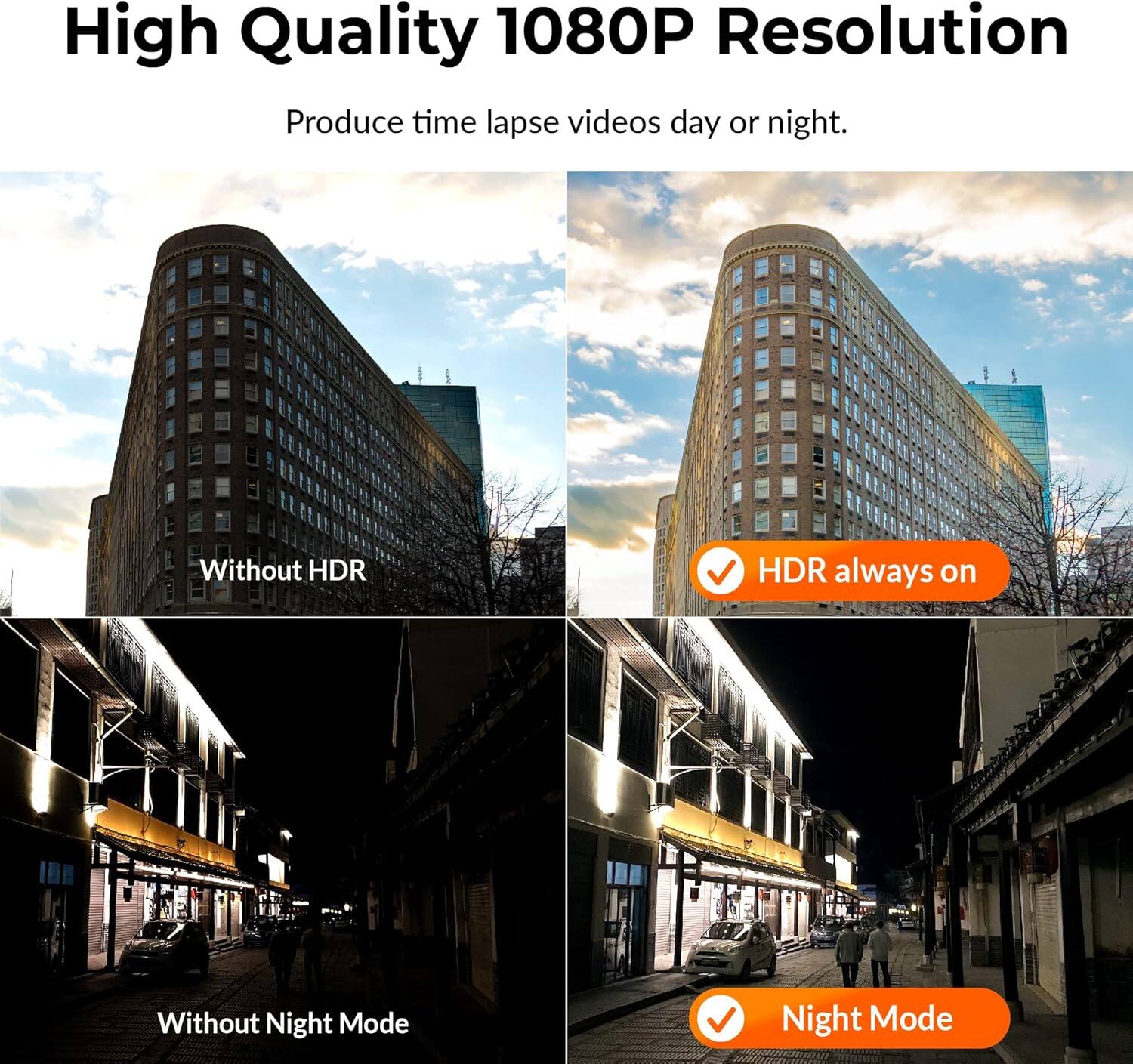 High Quality 1080P Resolution, Produce time lapse videos day or night. Without HDR, HDR always on, Without Night Mode, Night Mode.