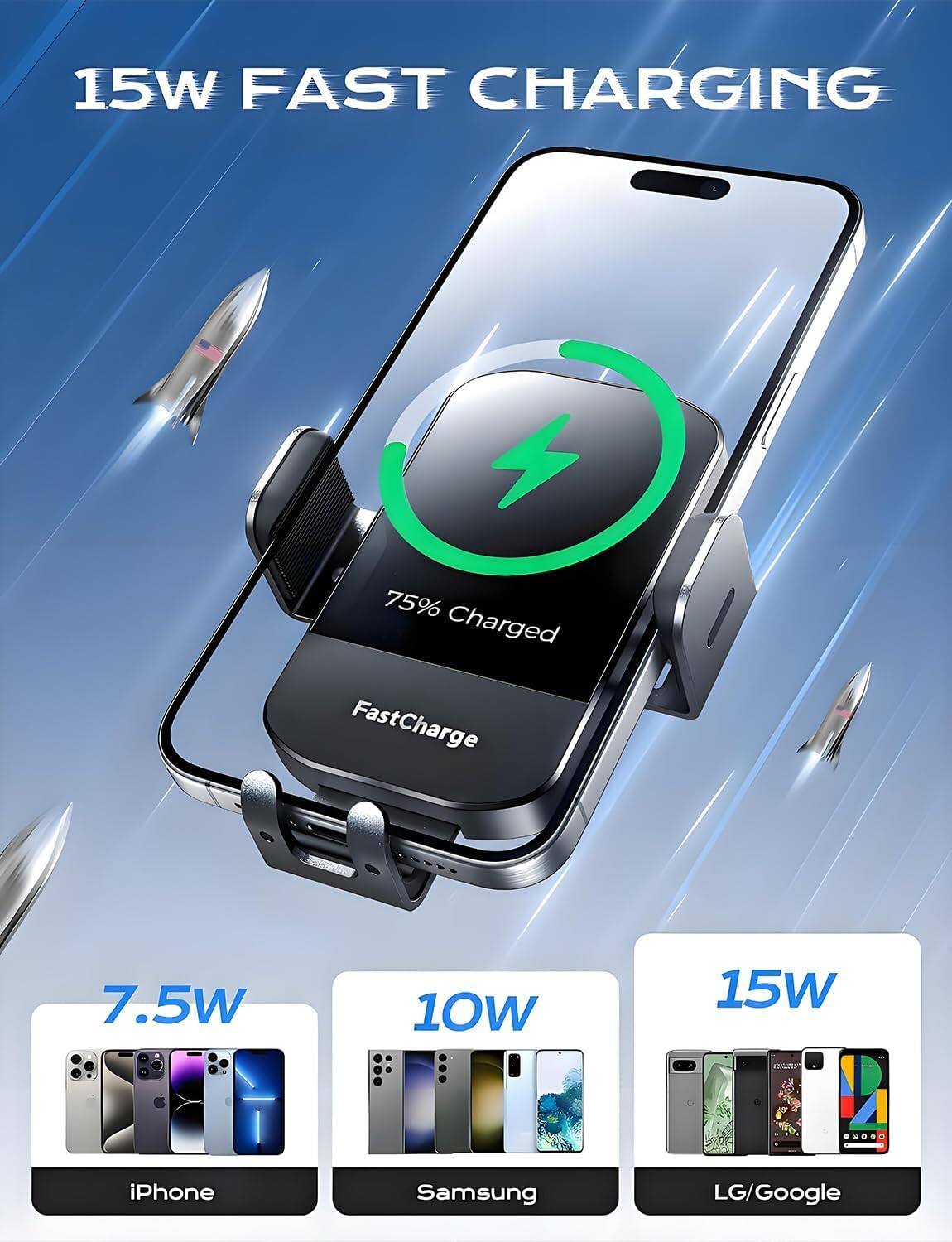 15W FAST CHARGING

75% Charged

FastCharge

7.5W iPhone

10W Samsung

15W LG/Google