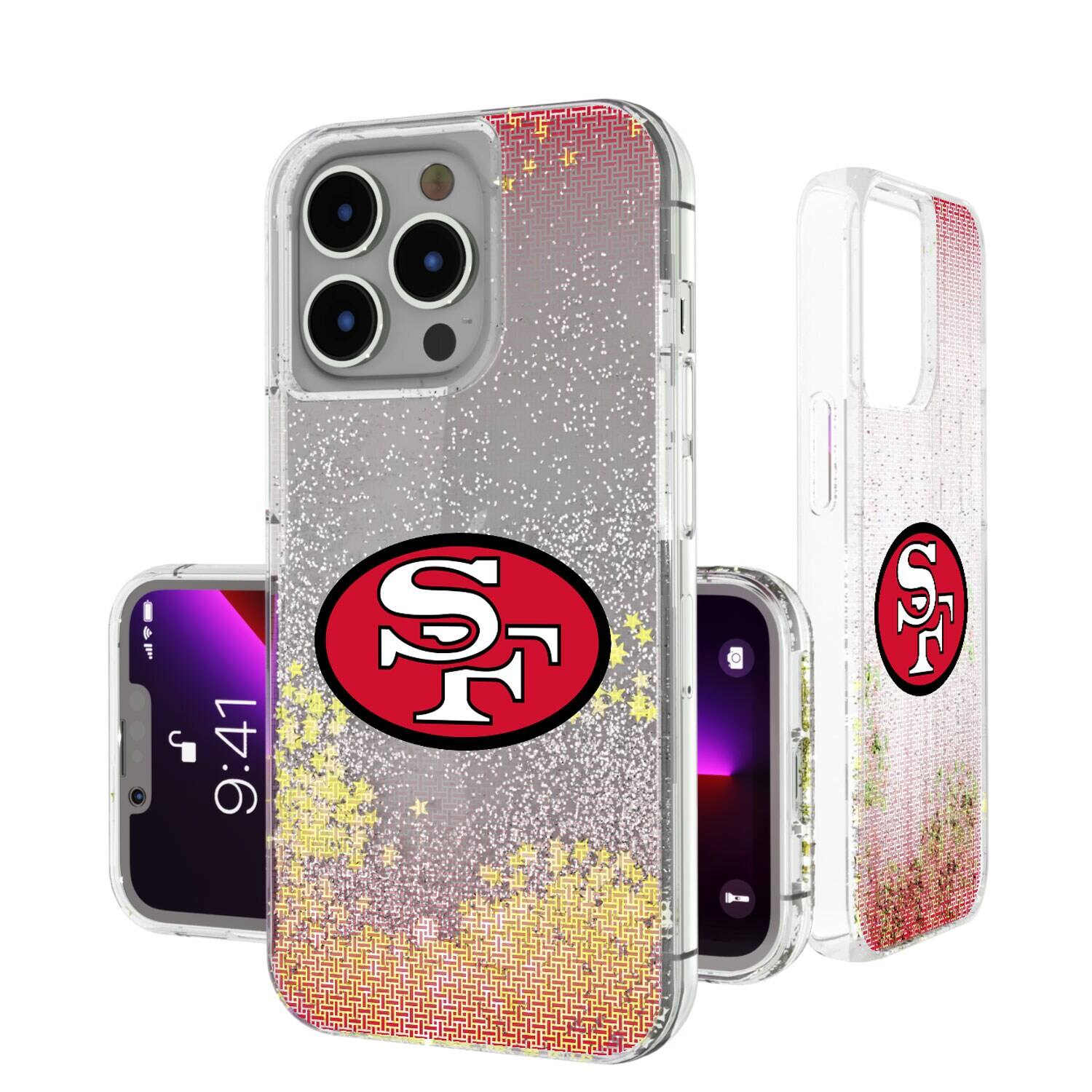 Front. Keyscaper - San Francisco 49ers Linen Logo iPhone Glitter Case - 16 Pro - Multicolor.