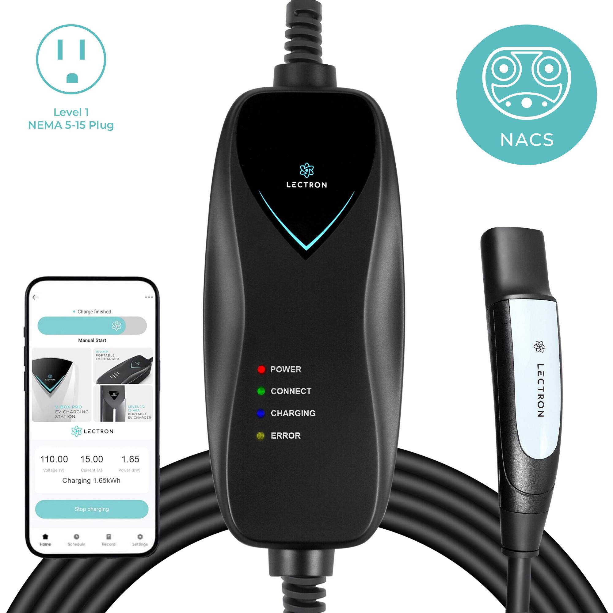Level 1 NEMA 5-15 Plug  
NACS  
LECTRON  

Charge Finished  
Manual Start  

110.00 Voltage (V)  
15.00 Current (A)  
1.65 Power (kWh)  
Charging 1.65kWh  

Stop charging  

Settings  
Schedule  
Reports  

POWER  
CONNECT  
CHARGING  
ERROR