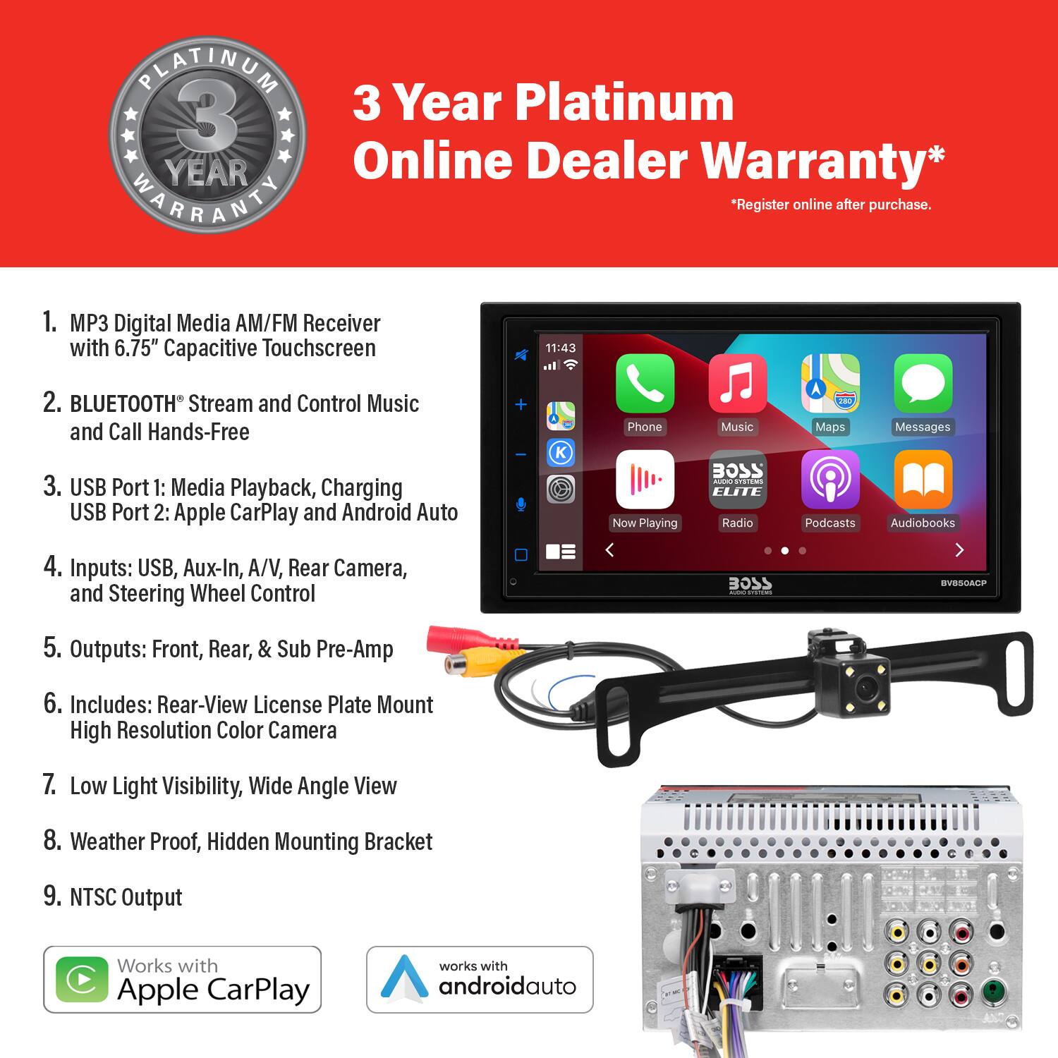 Alt View 12. BOSS Audio - 6.75" Wireless Android Auto and Apple CarPlay Bluetooth Digital Media Receiver - Black.