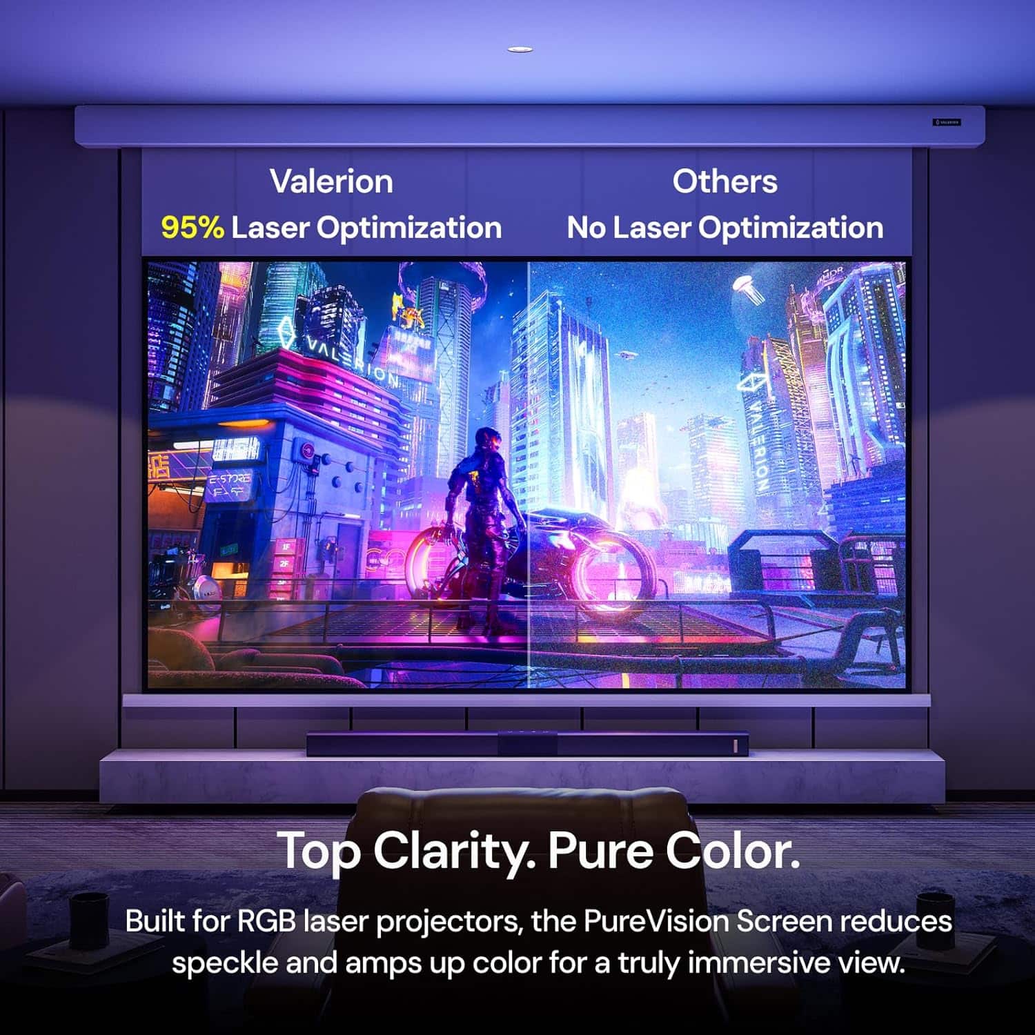 Valerion
95% Laser Optimization
Others
No Laser Optimization
Top Clarity. Pure Color.
Built for RGB laser projectors, the PureVision Screen reduces speckle and amps up color for a truly immersive view.