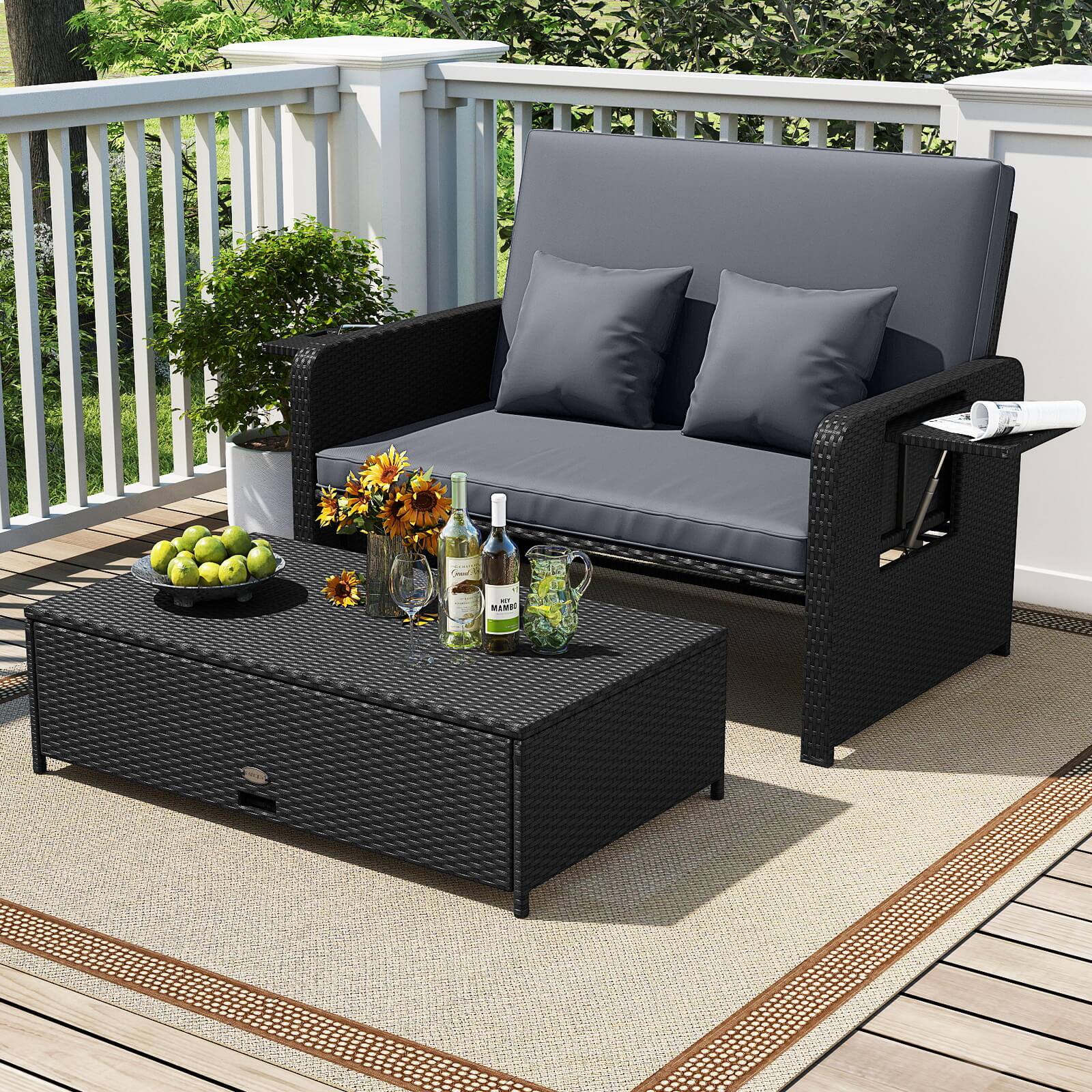 Alt View 3. Costway - Costway 2 PCS PE Wicker Outdoor Daybed with 4-Level Adjustable Backrest, Storage Ottoman - Gray,Black.