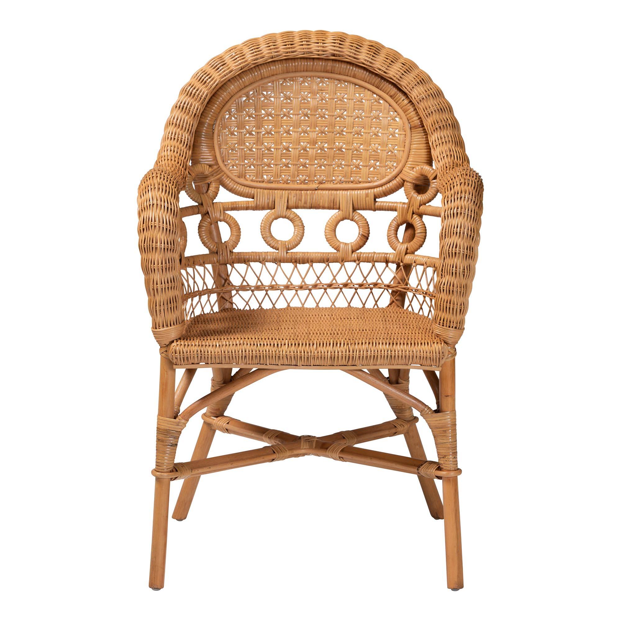 Angle. bali & pari - Abigale Natural Rattan Dining Chair - Handwoven Wicker Accent Chair with Arms and Openwork Frame - Light Honey.