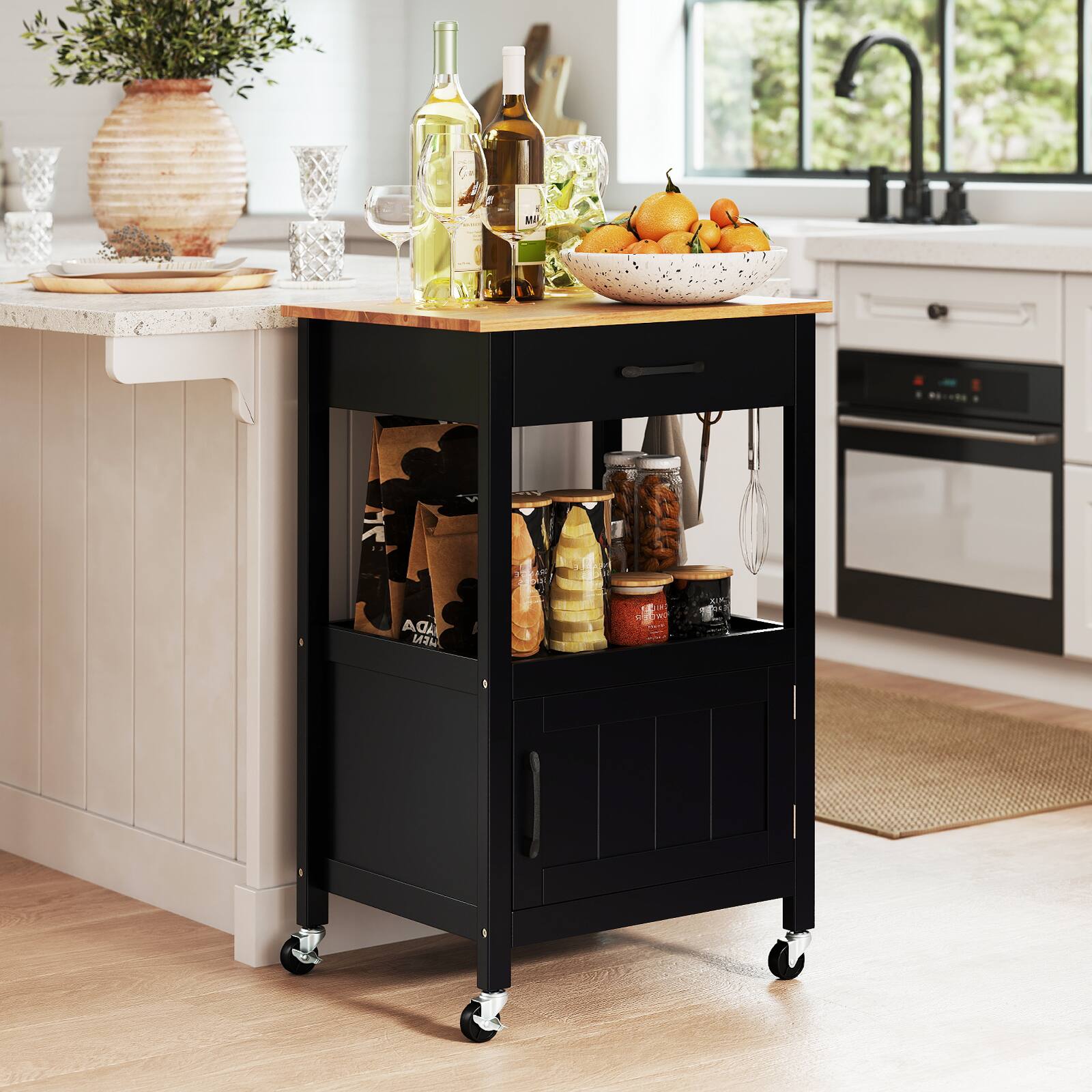 Alt View 3. Gymax - Gymax Rolling Kitchen Island Kitchen Cart w/ Rubber Wood Top Drawer Black - Black.