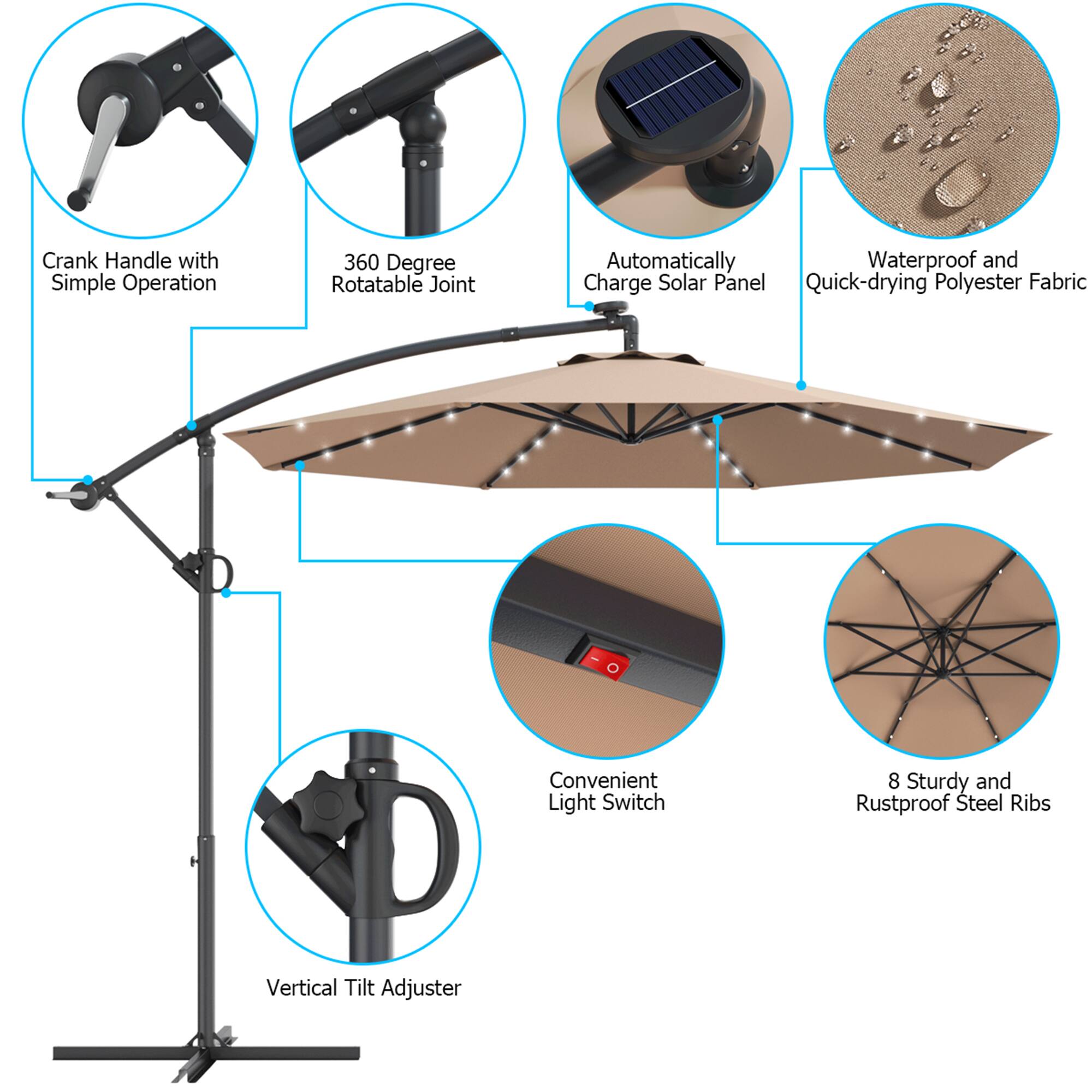 Crank Handle with Simple Operation, 360 Degree Rotatable Joint, Automatically Waterproof and Charge Solar Panel, Quick-drying Polyester Fabric, Convenient Light Switch, 8 Sturdy and Rustproof Steel Ribs, Vertical Tilt Adjuster