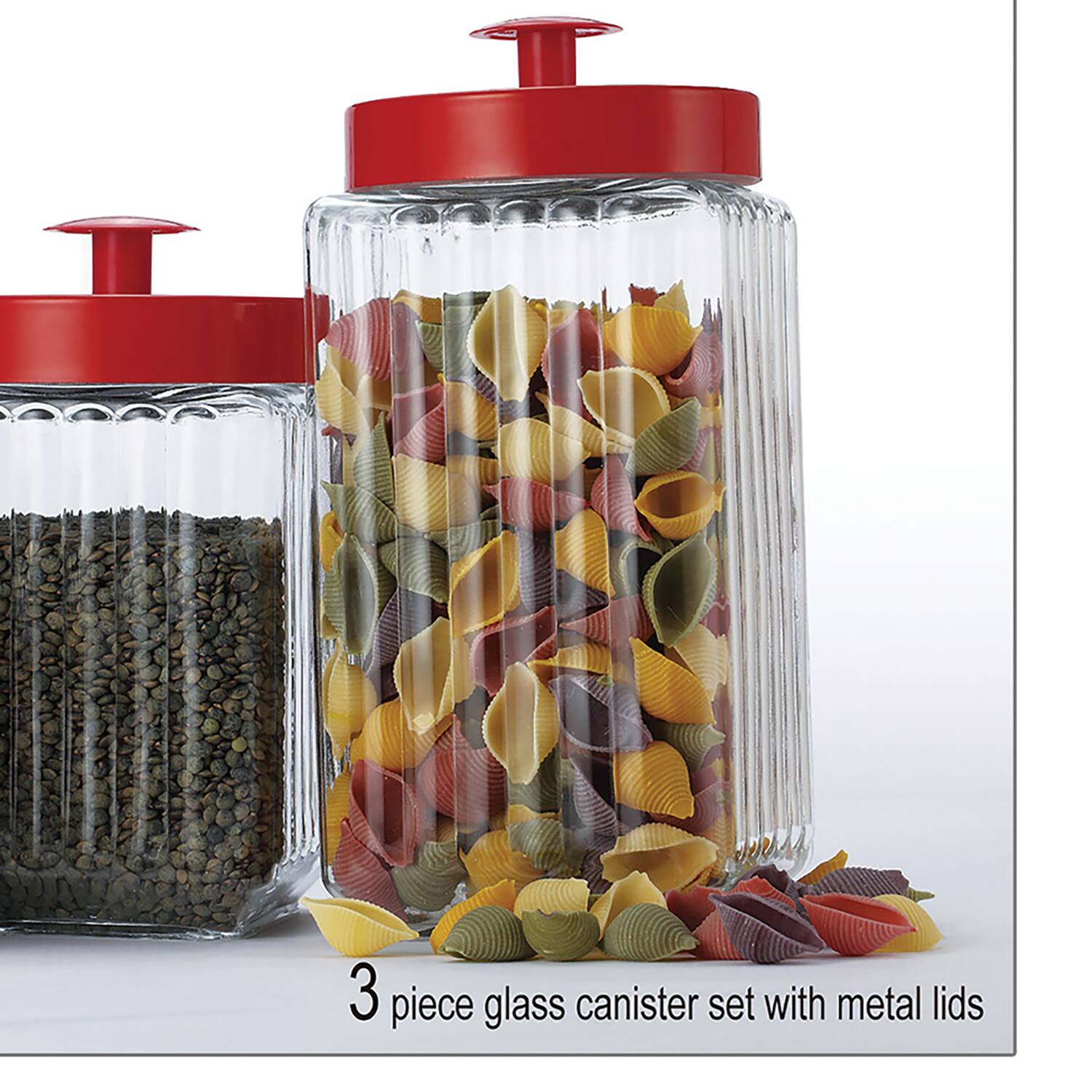 3 piece glass canister set with metal lids