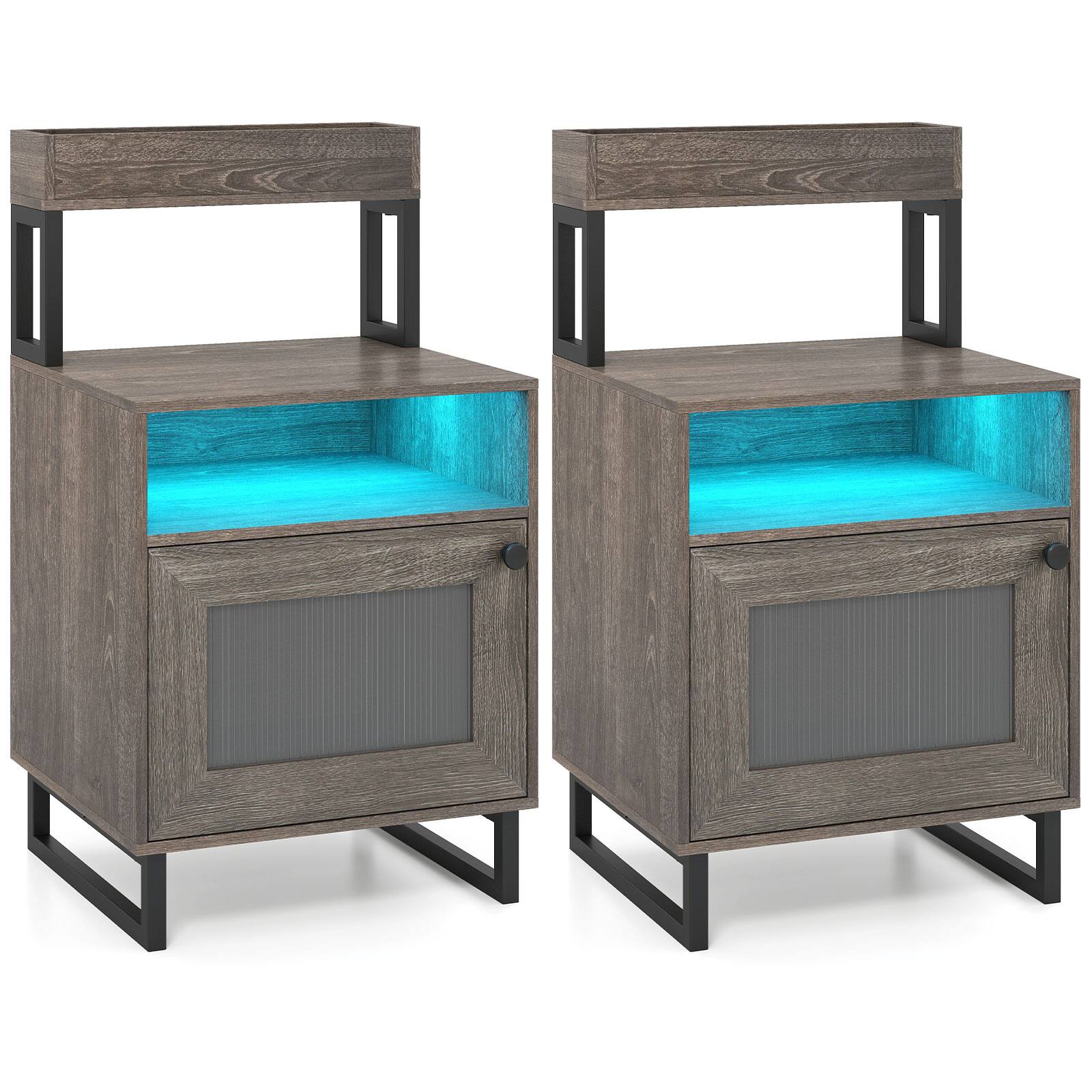 Alt View 9. Costway - Costway 2 Pcs Nightstand with LED Lights, Modern End Table with Top Tray, Open Compartment - Gray.