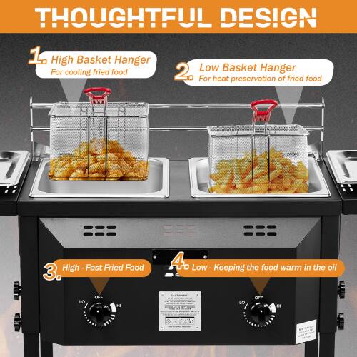 THOUGHTFUL DESIGN

1. High Basket Hanger  
   For cooling fried food

2. Low Basket Hanger  
   For heat preservation of fried food

3. High - Fast Fried Food

4. Low - Keeping the food warm in the oil