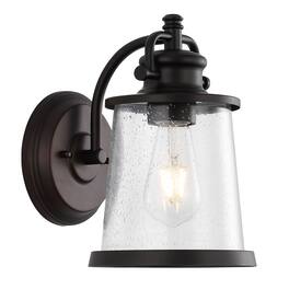 Jonathan Y - Marais 6.75" Iron/Seeded Glass Vintage Rustic LED Outdoor Sconce, Oil Rubbed Bronze - Oil-Rubbed Bronze