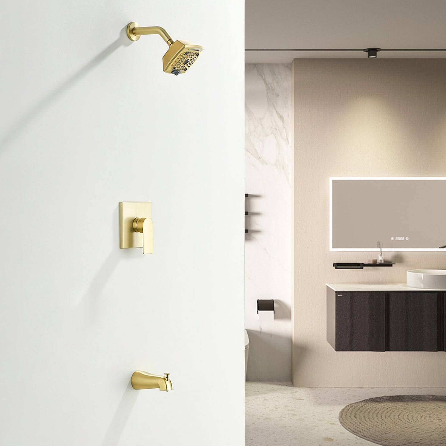 Alt View 2. Boyel Living - Brushed Gold Brass Shower Set 5-Function ABS Top Spray Pressure Balance Valve Large Flow Lift-Up Spout 1/2NPT Thread - Brushed Gold.