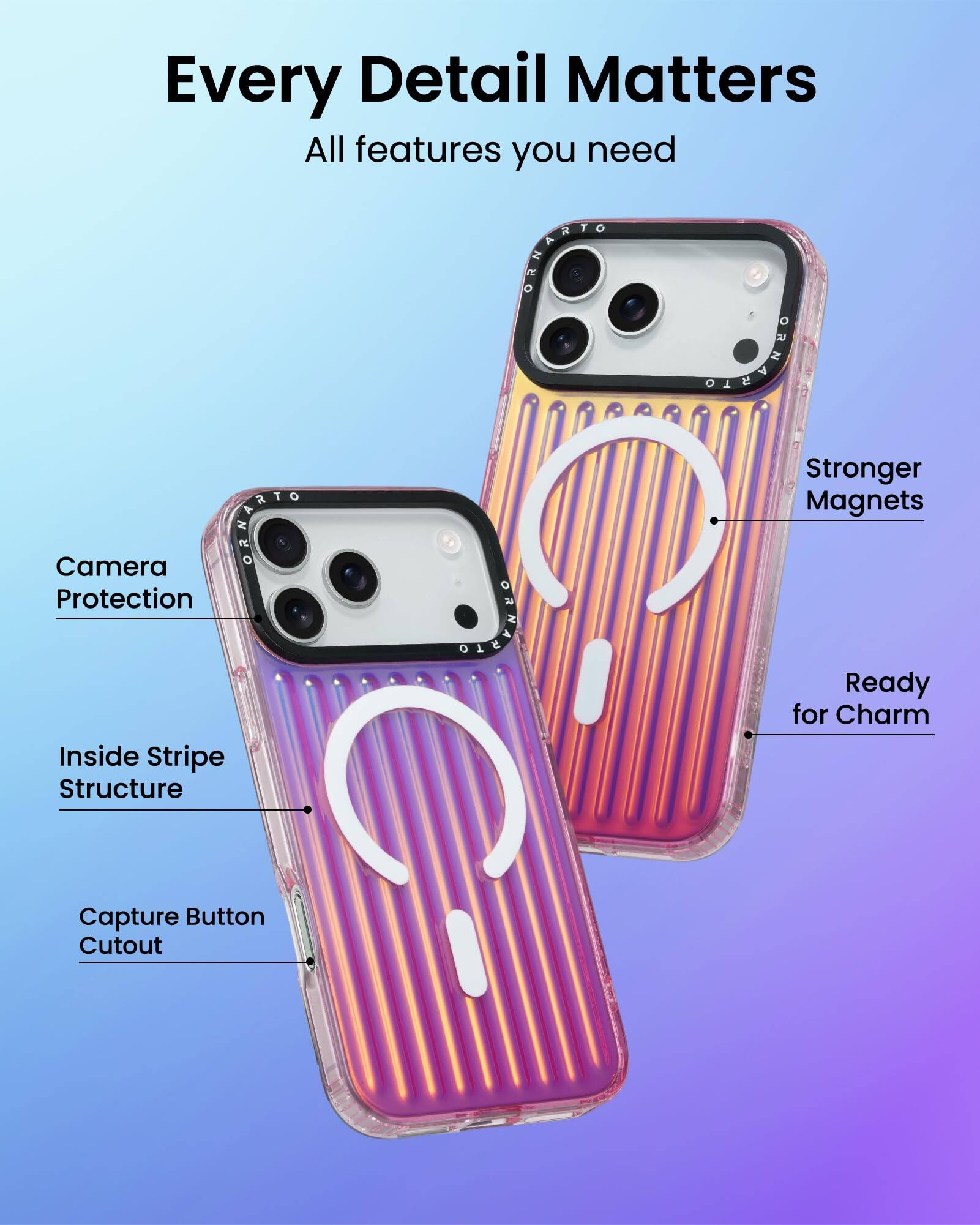 Every Detail Matters  
All features you need  

- Camera Protection  
- Inside Stripe Structure  
- Capture Button Cutout  
- Stronger Magnets  
- Ready for Charm