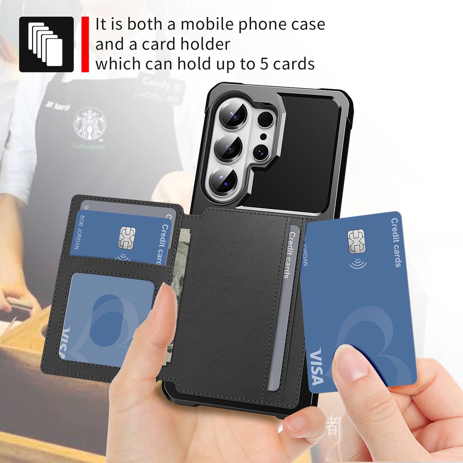 It is both a mobile phone case and a card holder which can hold up to 5 cards.
