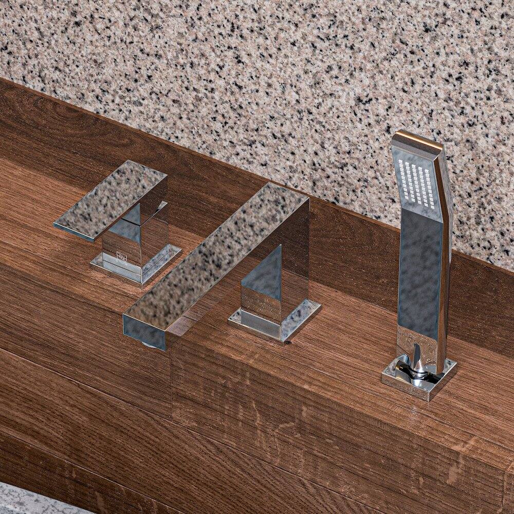 Alt View 1. Alfi - Polished Chrome Deck Mounted Tub Filler and Square Hand Held Shower Head - Silver.