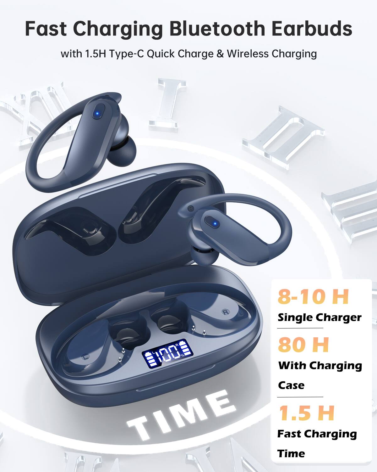 Fast Charging Bluetooth Earbuds  
with 1.5H Type-C Quick Charge & Wireless Charging  

- 8-10 H Single Charger  
- 80 H With Charging Case  
- 1.5 H Fast Charging Time