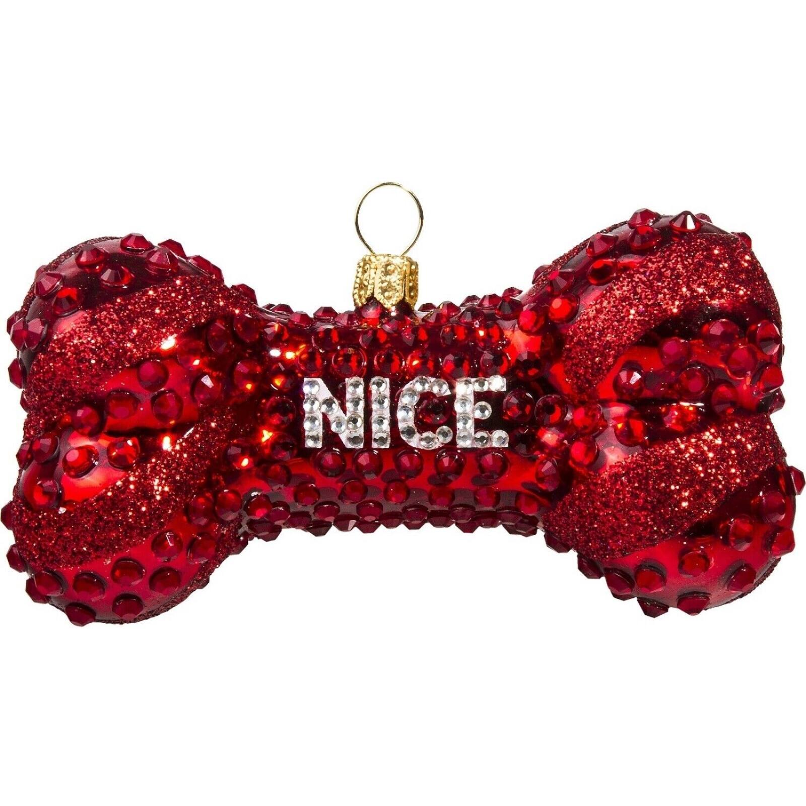Angle. Joy to the World Collectibles - Joy to the World Red Naughty Or Nice Dog Bone Polish Glass Christmas Tree Ornament - Red.