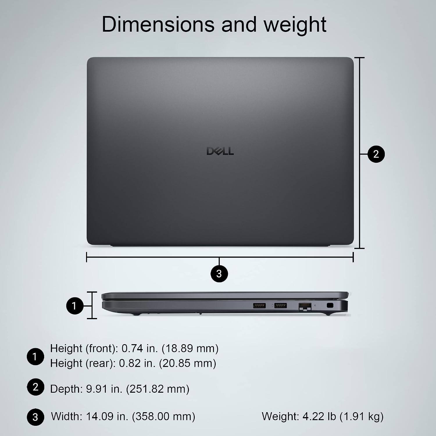 Dimensions and weight

1. Height (front): 0.74 in. (18.89 mm)
2. Height (rear): 0.82 in. (20.85 mm)
3. Depth: 9.91 in. (251.82 mm)
4. Width: 14.09 in. (358.00 mm)
5. Weight: 4.22 lb (1.91 kg)