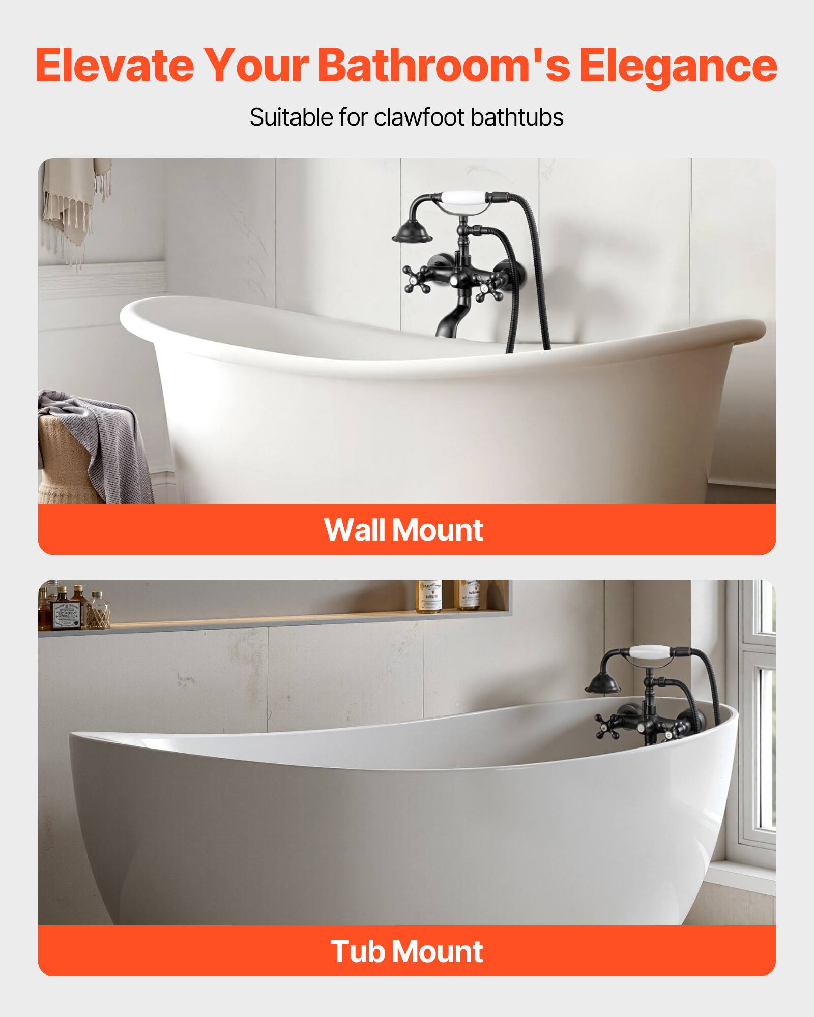 Elevate Your Bathroom's Elegance  
Suitable for clawfoot bathtubs  

Wall Mount  

Tub Mount