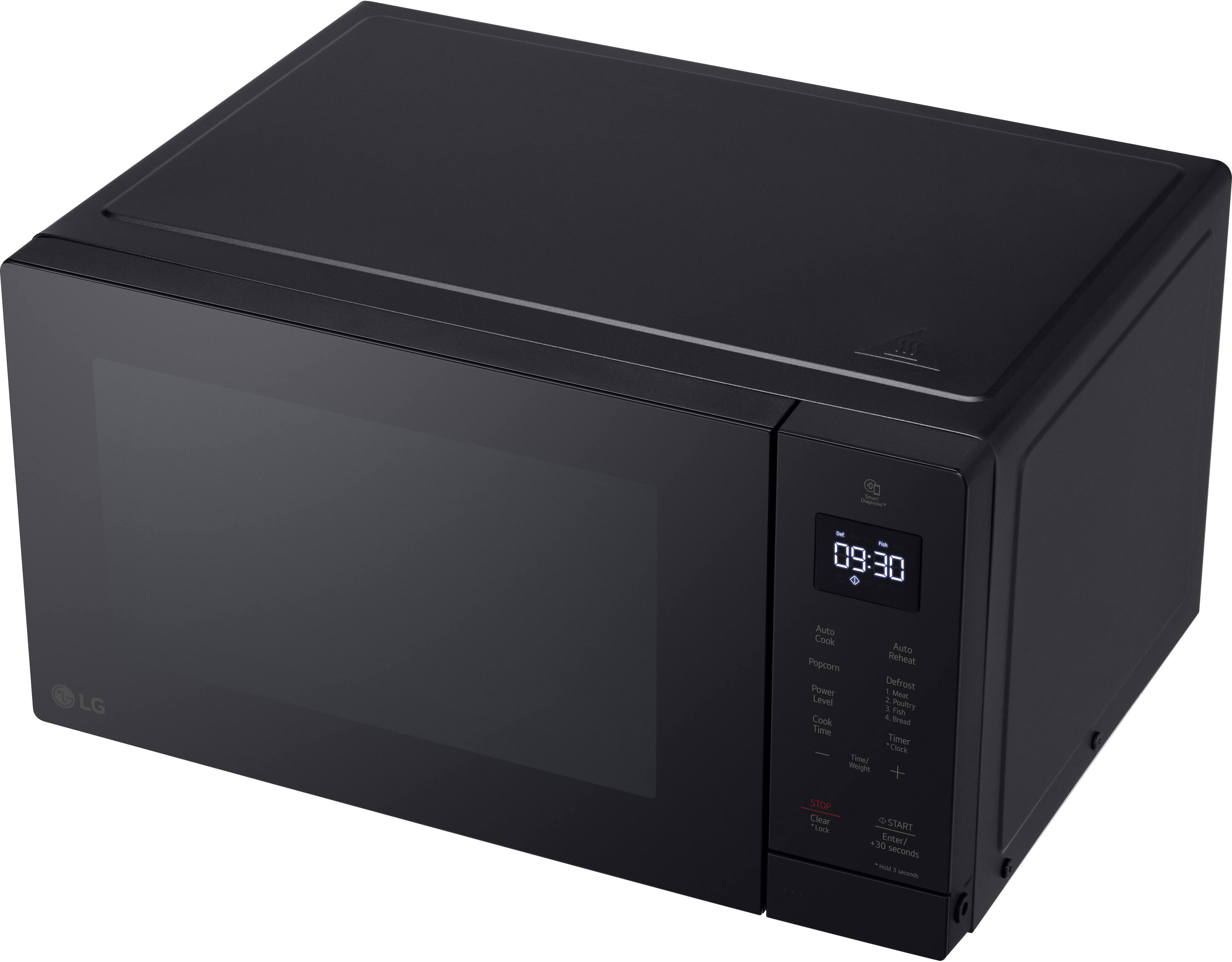 Sure, here is the corrected and grouped text from the image:

---

**LG**

**Auto Cook**

- Popcorn
- Reheat
- Defrost
- Level
  - 1 Meat
  - 2 Poultry
  - 3 Fish
- Cook
- Time
  - Timer
  - Weight

**STOP**

**START**

**Enter/+ 30 seconds**

**- 30 seconds**

**Clear**

**Time/Weight**

**09:30**

---