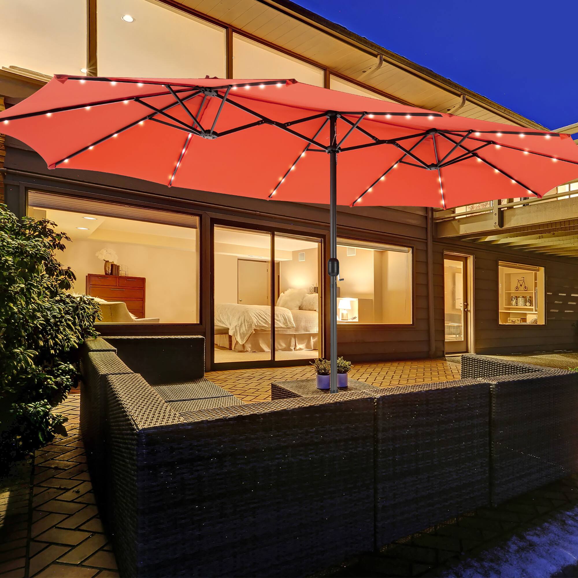Alt View 3. Costway - 15FT Twin Patio Double-Sided Umbrella 48 Solar LED Lights Crank Outdoor - Orange.