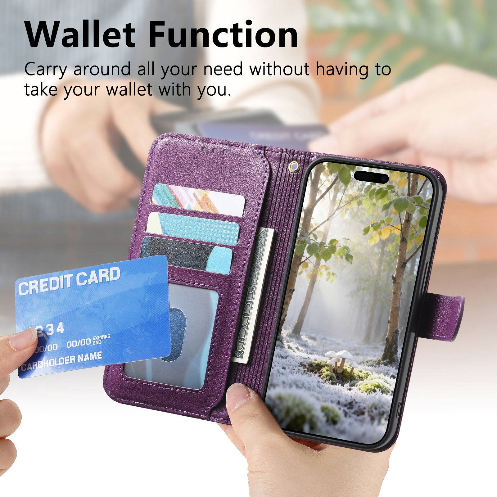 Wallet Function  
Carry around all your needs without having to take your wallet with you.

CREDIT CARD  
234  
EXPIRES 00/00  
END 00/00  
CARDHOLDER NAME