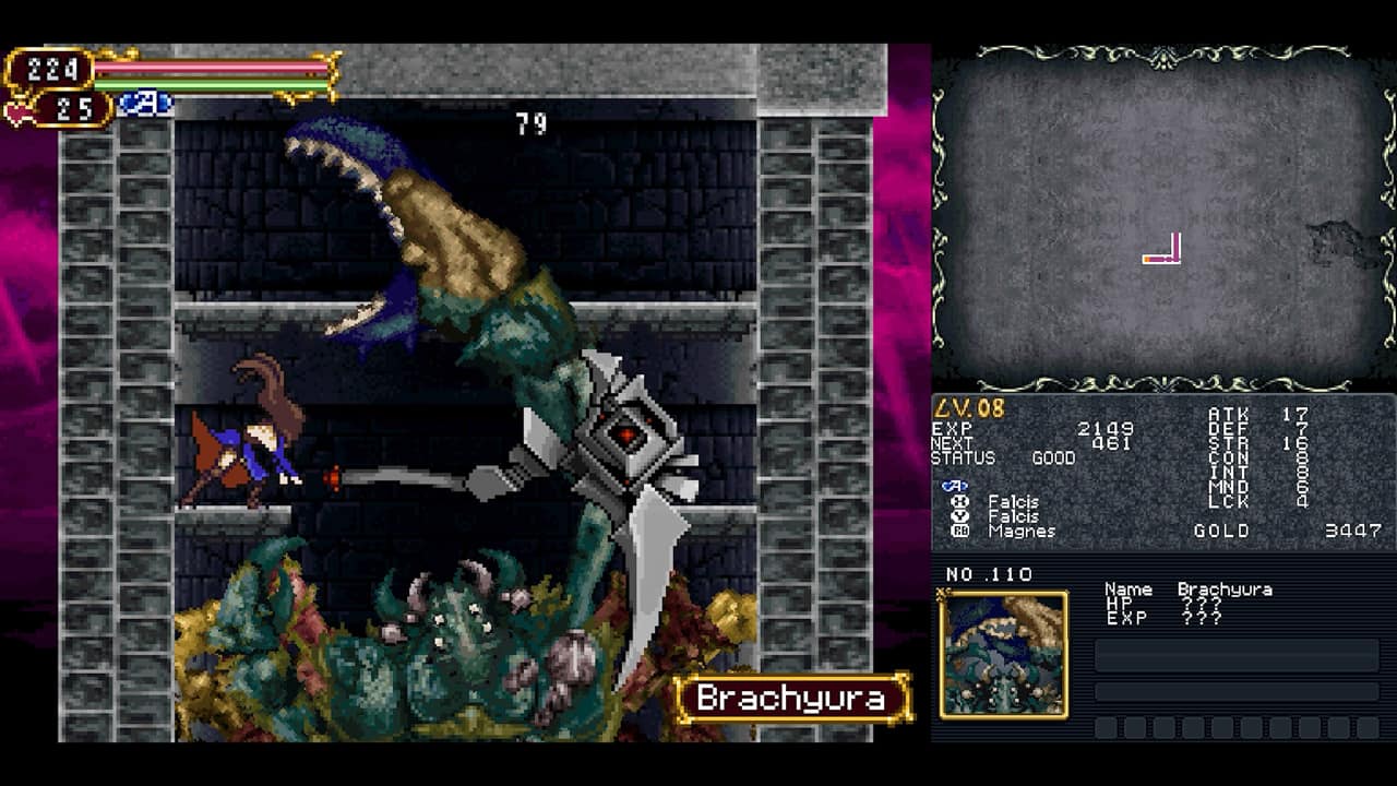 The text on the image can be grouped and corrected as follows:
224 25 20 79 LV.08 EXP 2149 NEXT 461 STATUS GOOD H Falcis Falcis EB Magnes ATK DEF STR CON INT MND LCK GOLD 17 16 1 8 8 4 3447 NO .110 Name Brachyura HP ??? EXP ??? Brachyura