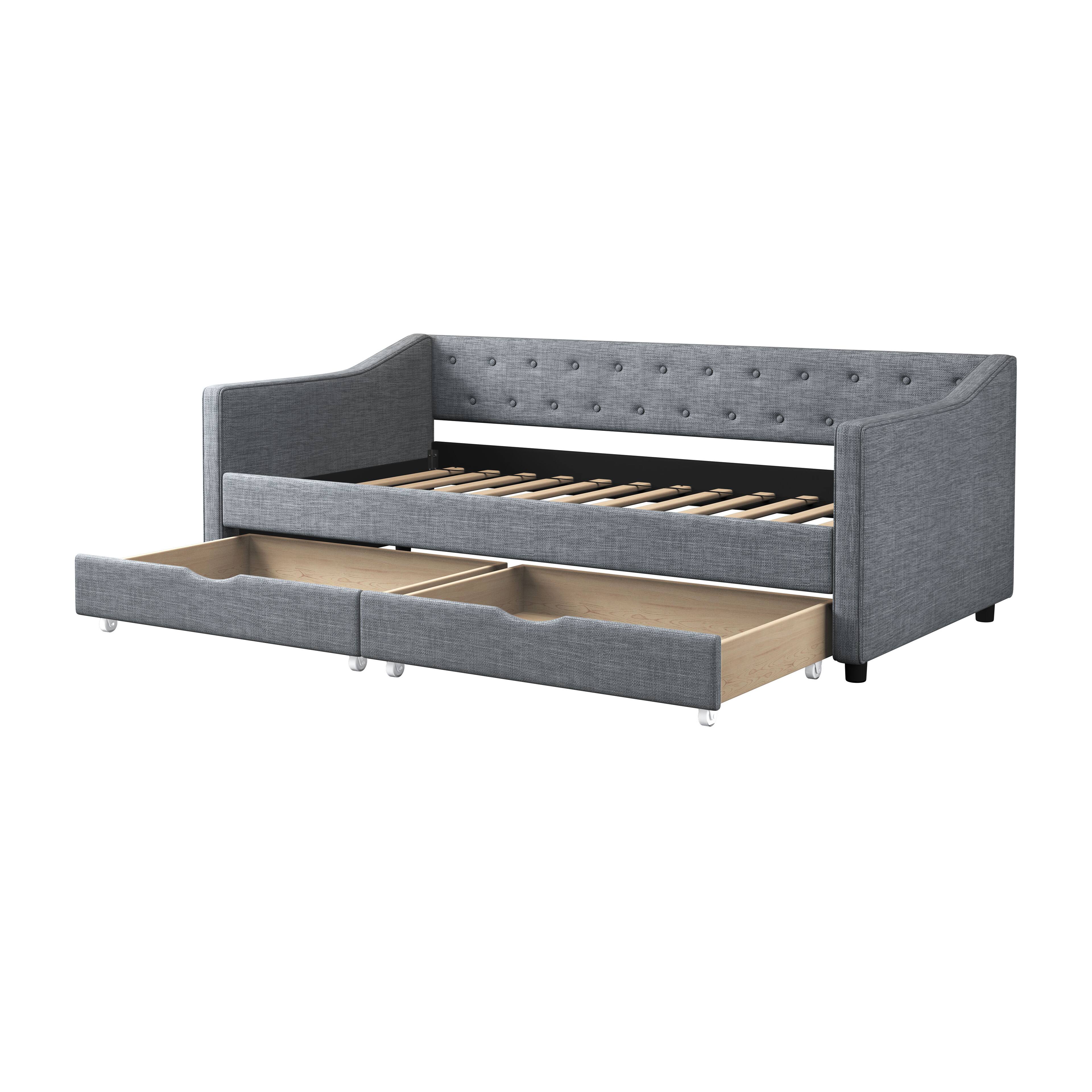 Left. Tiramisubest - Twin Size Daybed with Drawers Upholstered Tufted Sofa Bed, with Button on Back and Piping on Waved Shape Arms-Light Grey - LIGHT GREY.