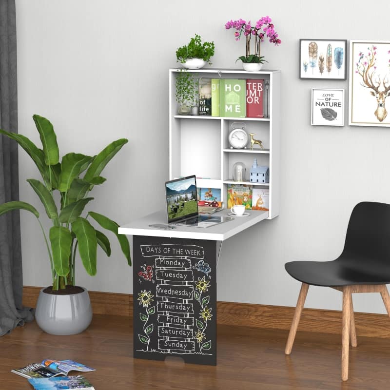 Anysun - Wall Mounted Foldable Desk with Blackboard & Storage Shelves, Space-Saving Floating Desk for Home Office - White