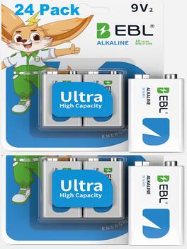 EBL - 9V Batteries - Alkaline 9V Battery 24 Pack - Ultra Long Lasting with a 7 - Year Shelf Life